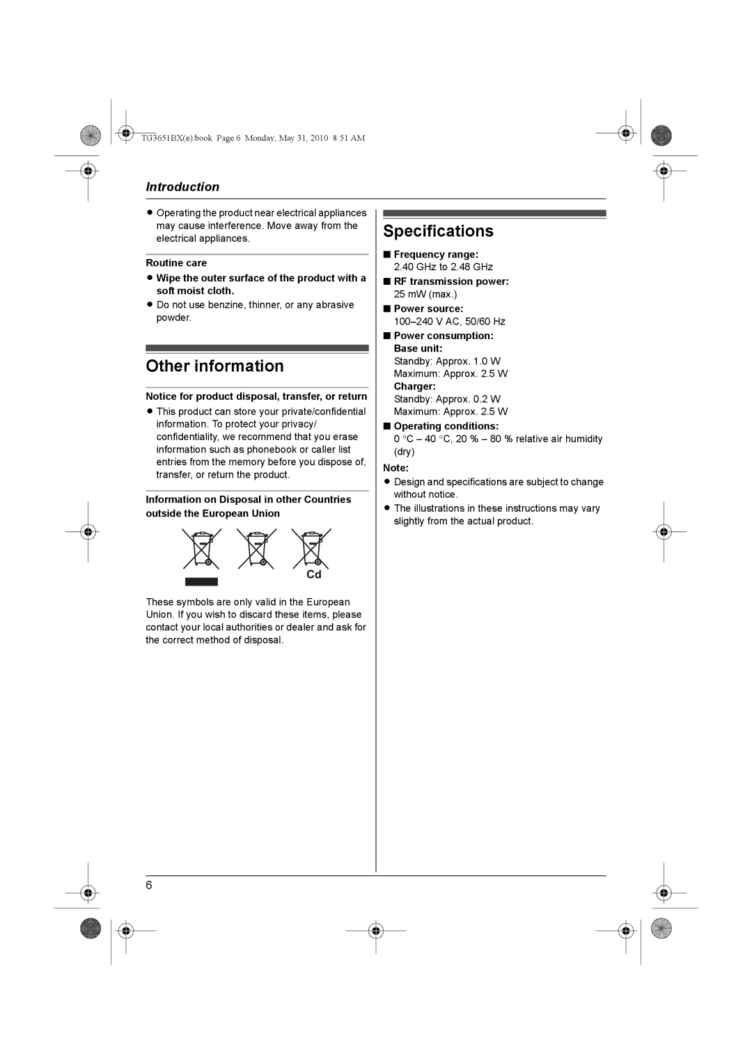 Panasonic KX-TG3651BX operating instructions Other information, Specifications 