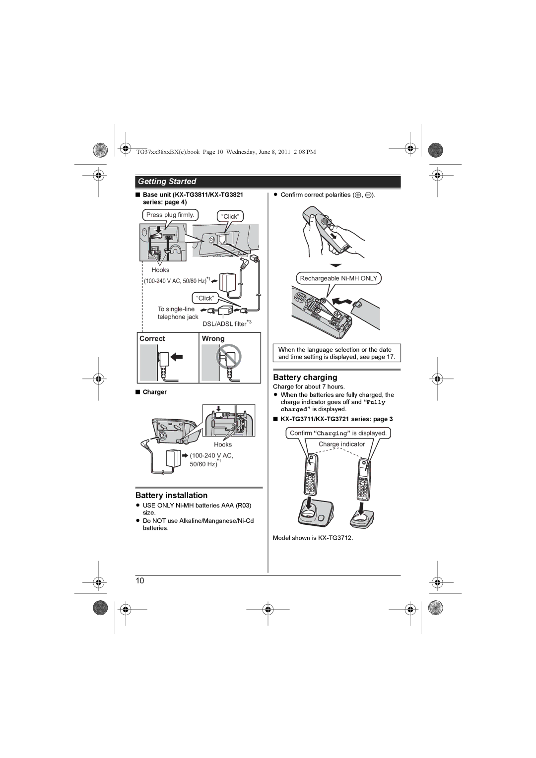 Panasonic KX-TG3811BX, KX-TG3711SX Battery installation, Battery charging, Base unit KX-TG3811/KX-TG3821 series 