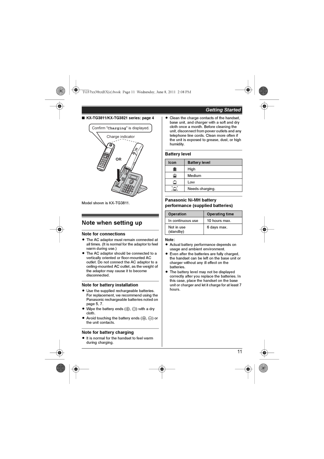 Panasonic KX-TG3811SX, KX-TG3711SX KX-TG3811/KX-TG3821 series, Icon Battery level, Operation Operating time 