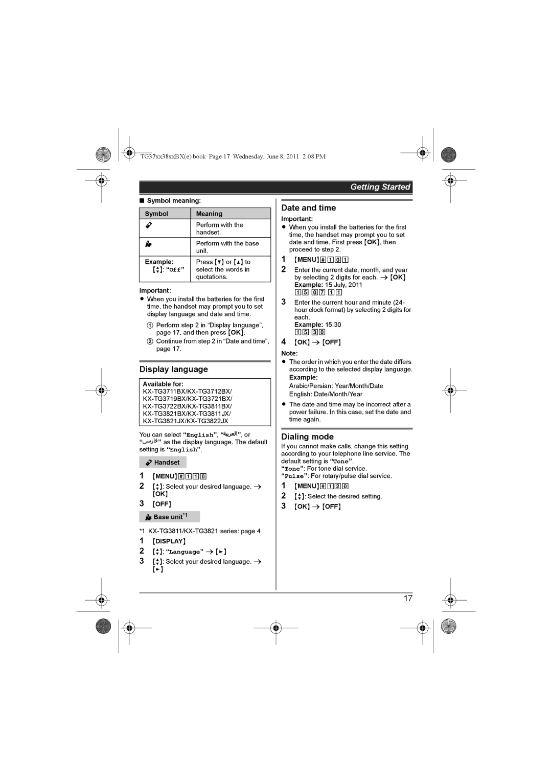 Panasonic KX-TG3712BX, KX-TG3711SX, KX-TG3811BX, KX-TG3811SX Display language, Date and time, Dialing mode, Language s4 