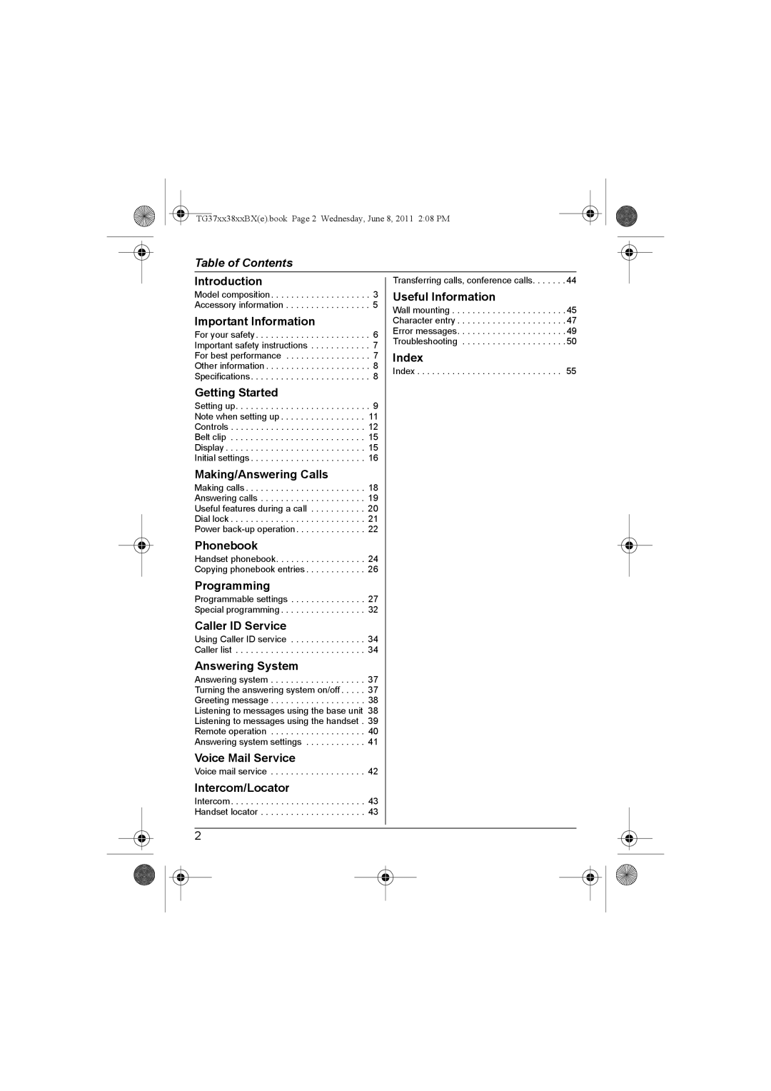 Panasonic KX-TG3811BX, KX-TG3711SX, KX-TG3712BX, KX-TG3811SX, KX-TG3712SX, KX-TG3719BX, KX-TG3811JX Table of Contents 