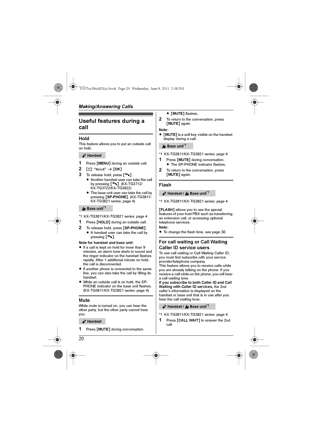 Panasonic KX-TG3712SX, KX-TG3711SX, KX-TG3712BX, KX-TG3811BX, KX-TG3811SX, KX-TG3719BX Useful features during a, Call 