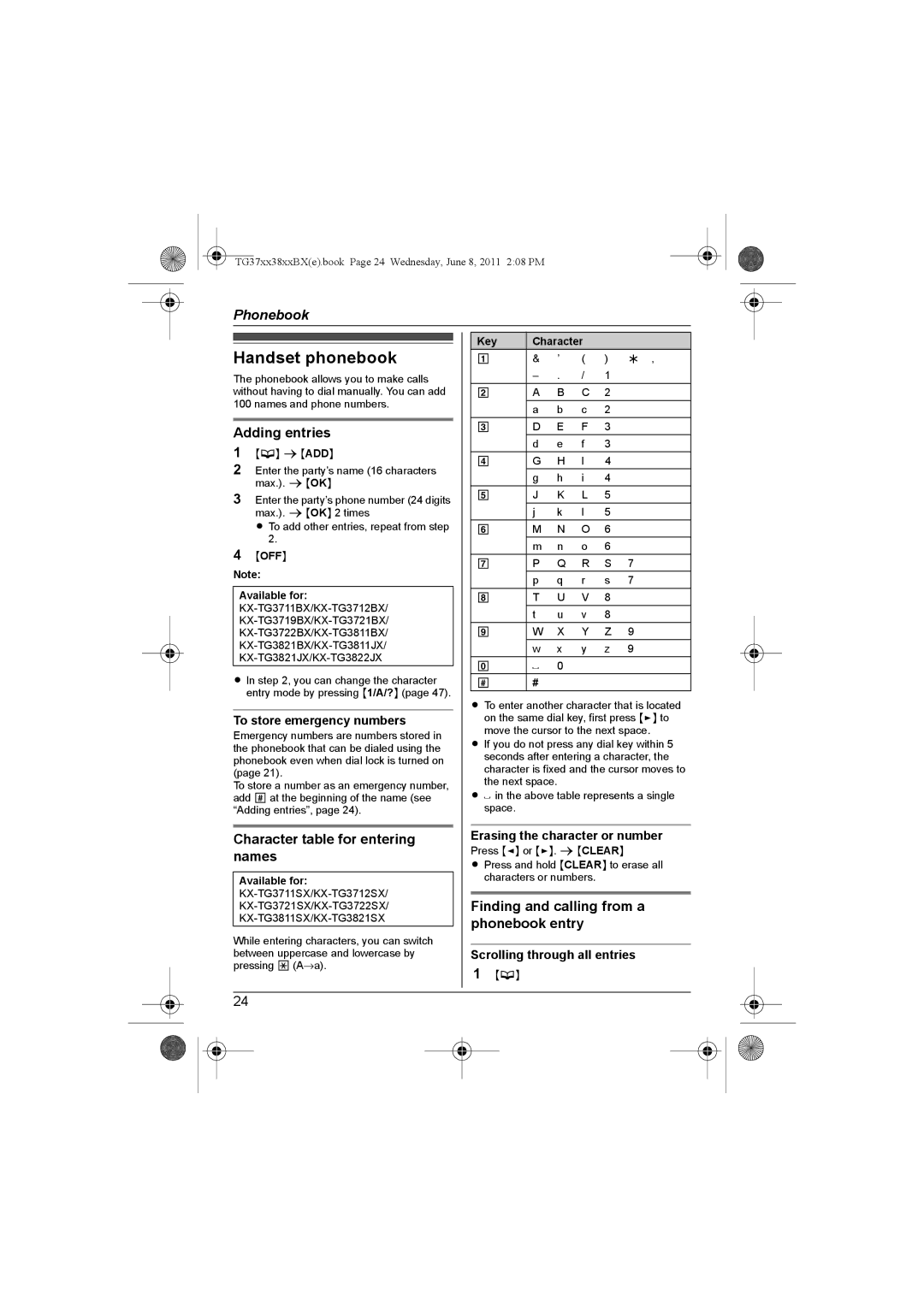 Panasonic KX-TG3711SX, KX-TG3712BX, KX-TG3811BX, KX-TG3811SX, KX-TG3712SX, KX-TG3719BX, KX-TG3811JX Handset phonebook 