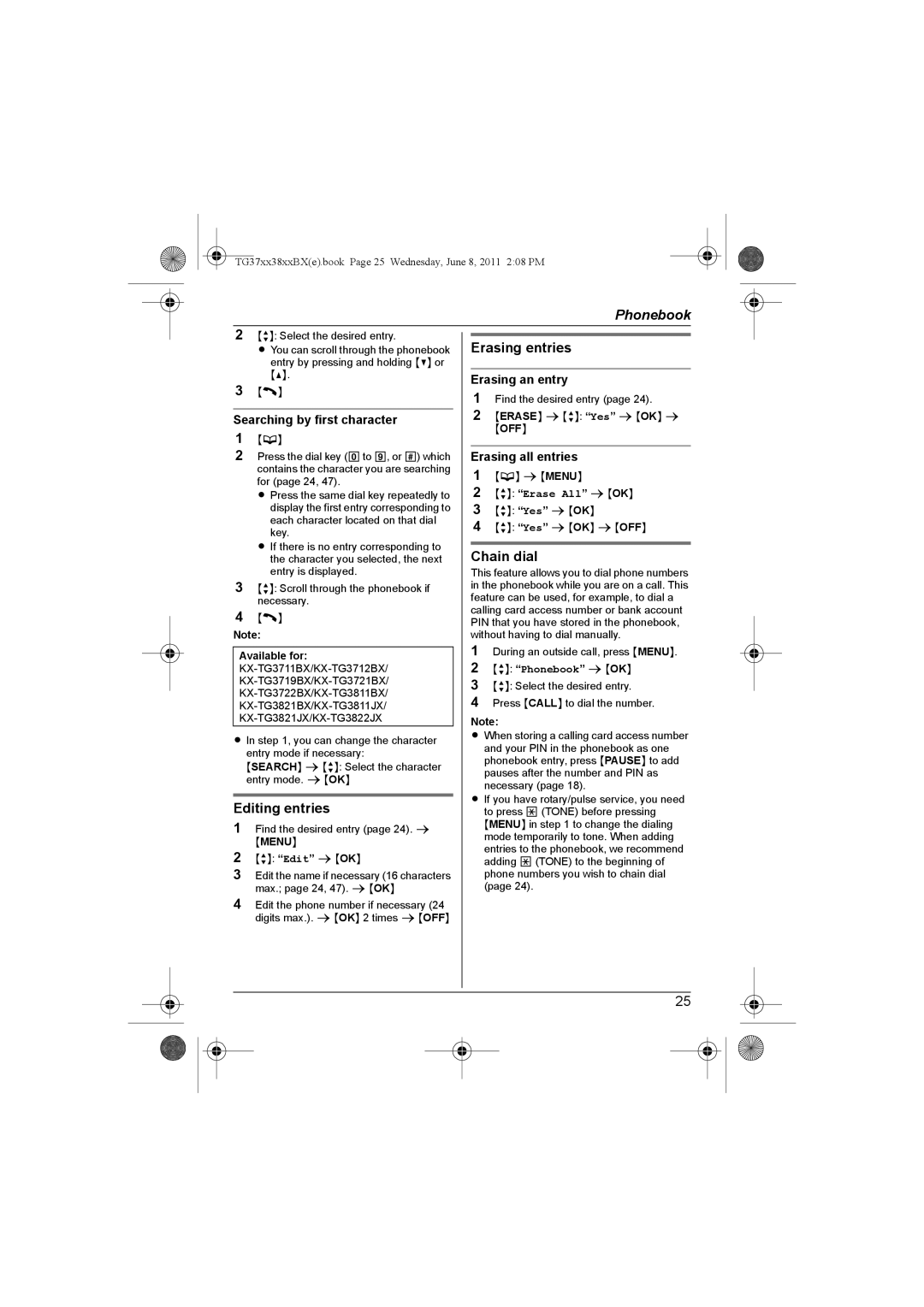 Panasonic KX-TG3712BX, KX-TG3711SX, KX-TG3811BX, KX-TG3811SX, KX-TG3712SX Editing entries, Erasing entries, Chain dial 