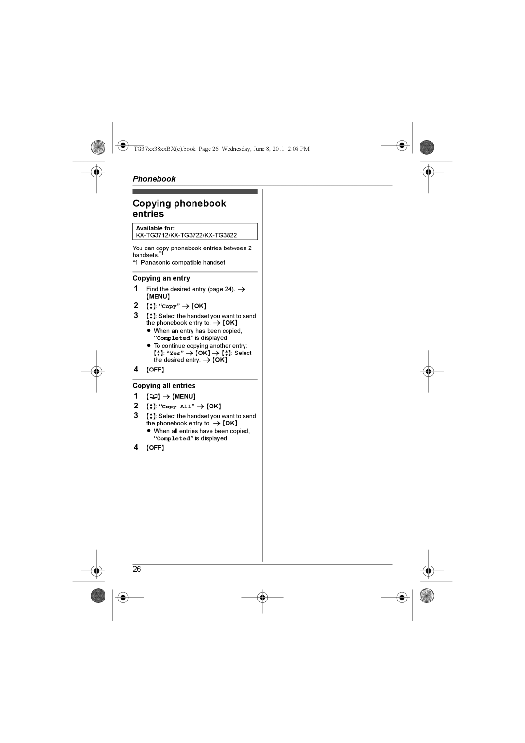 Panasonic KX-TG3811BX, KX-TG3711SX Copying phonebook entries, Copying an entry, Copying all entries, Copy All sOK 