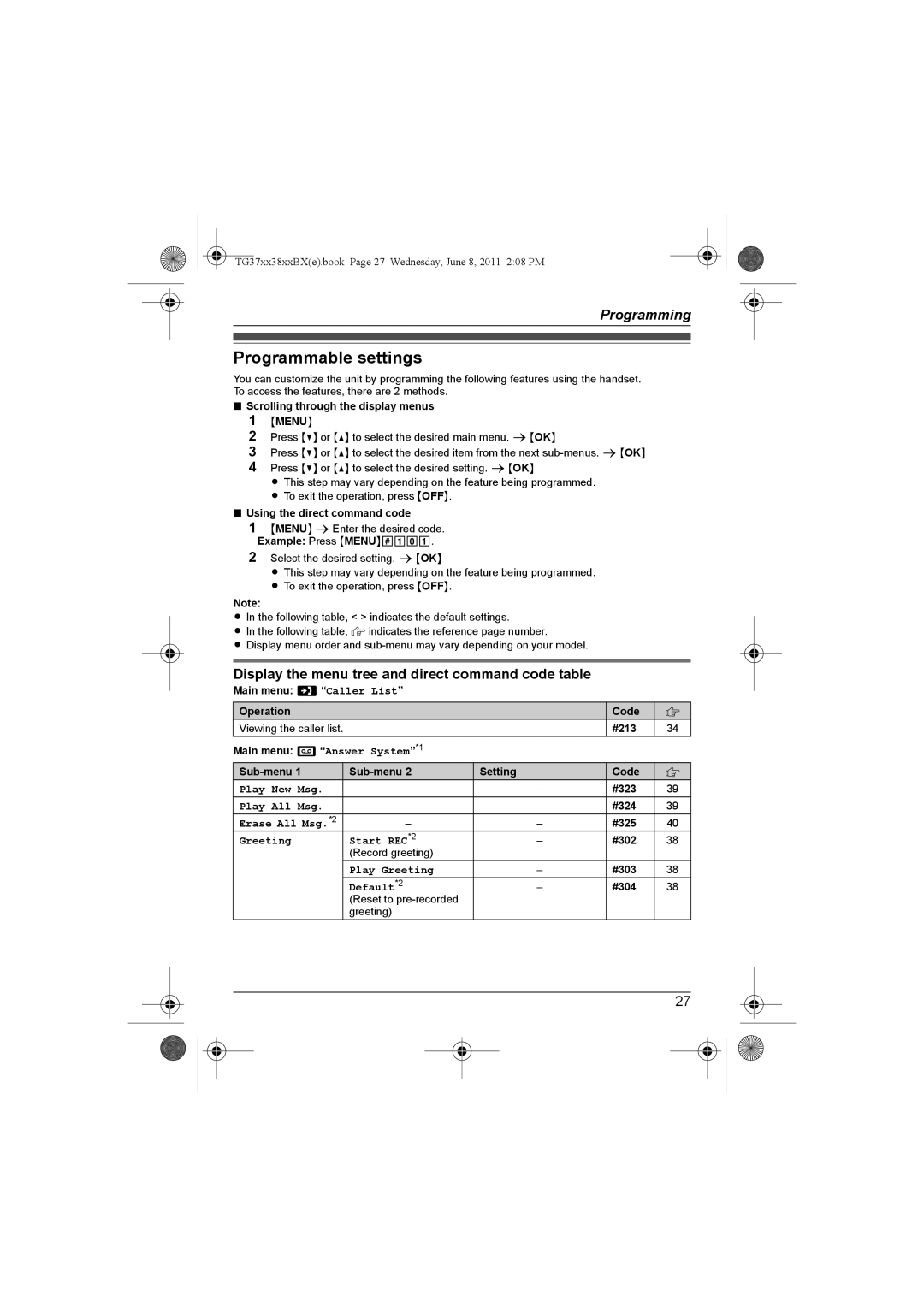 Panasonic KX-TG3811SX, KX-TG3711SX, KX-TG3712BX Programmable settings, Display the menu tree and direct command code table 