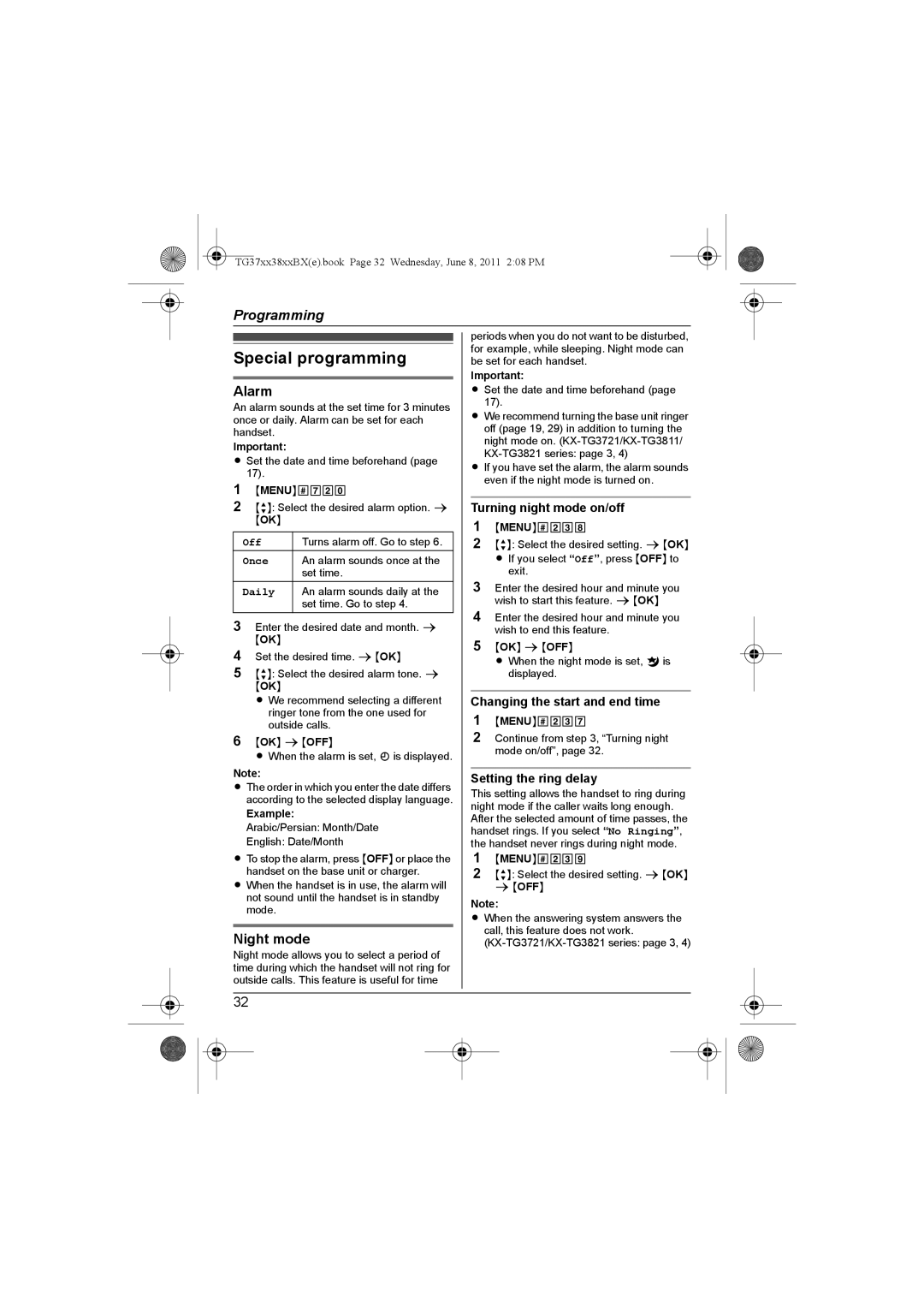 Panasonic KX-TG3711SX, KX-TG3712BX, KX-TG3811BX, KX-TG3811SX, KX-TG3712SX, KX-TG3719BX Special programming, Alarm, Night mode 