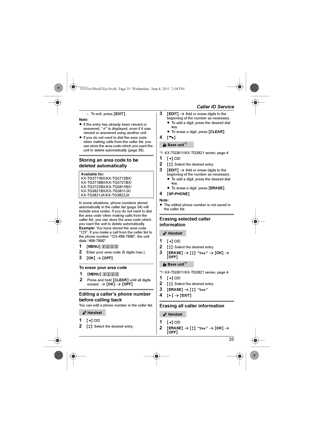 Panasonic KX-TG3811SX, KX-TG3711SX Storing an area code to be deleted automatically, Erasing selected caller information 