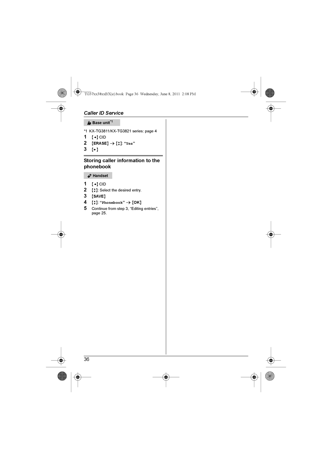 Panasonic KX-TG3712SX, KX-TG3711SX, KX-TG3712BX, KX-TG3811BX, KX-TG3811SX Storing caller information to the phonebook, Save 