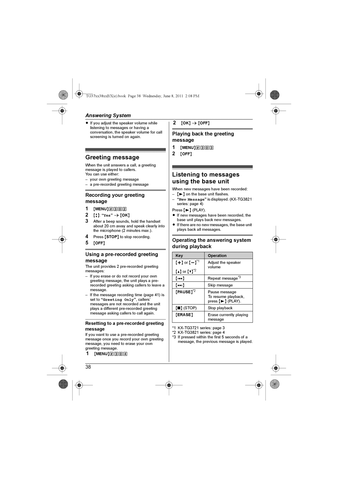 Panasonic KX-TG3811JX, KX-TG3711SX, KX-TG3712BX, KX-TG3811BX Greeting message, Listening to messages using the base unit 