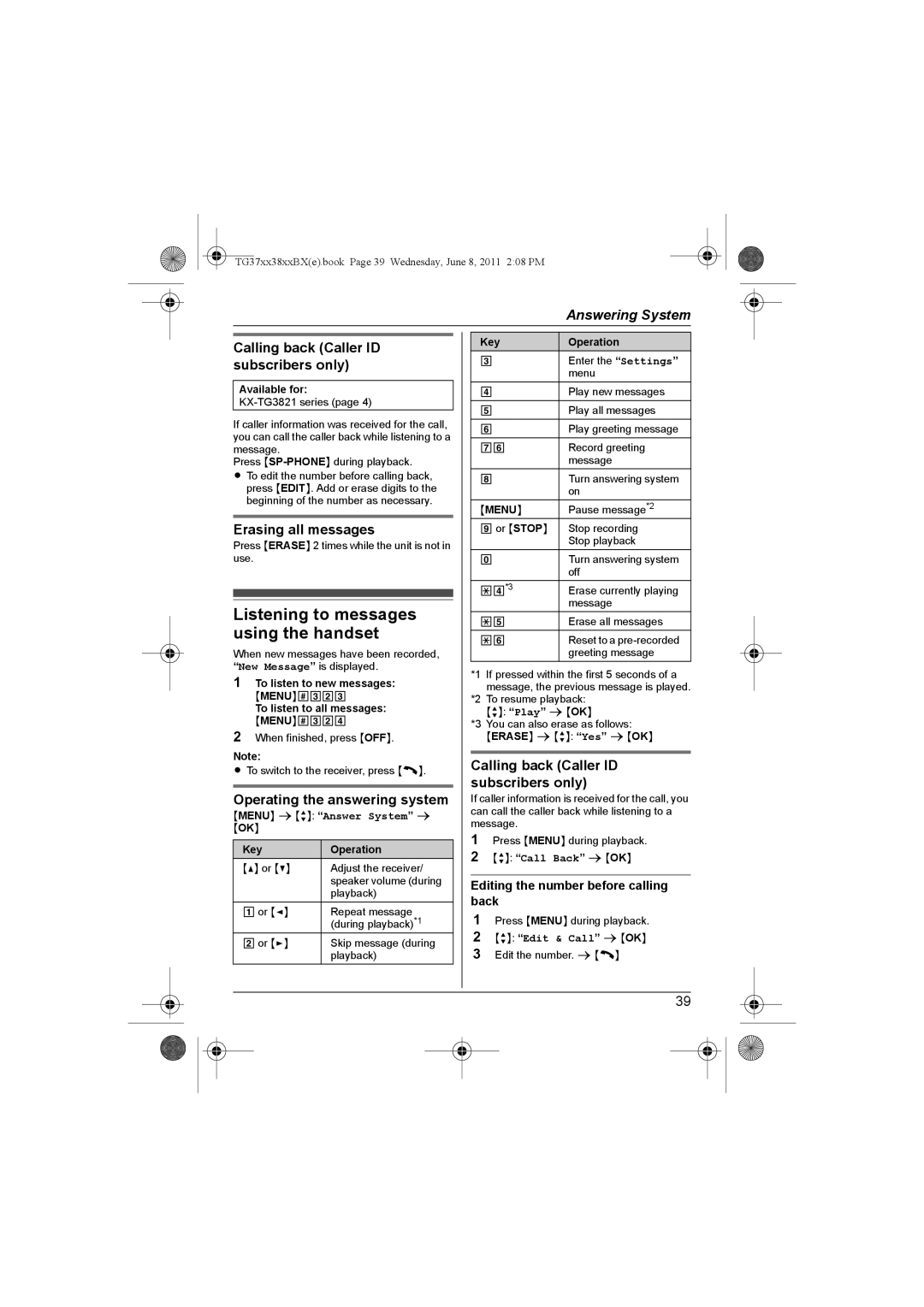 Panasonic KX-TG3711BX, KX-TG3711SX Listening to messages using the handset, Calling back Caller ID subscribers only 