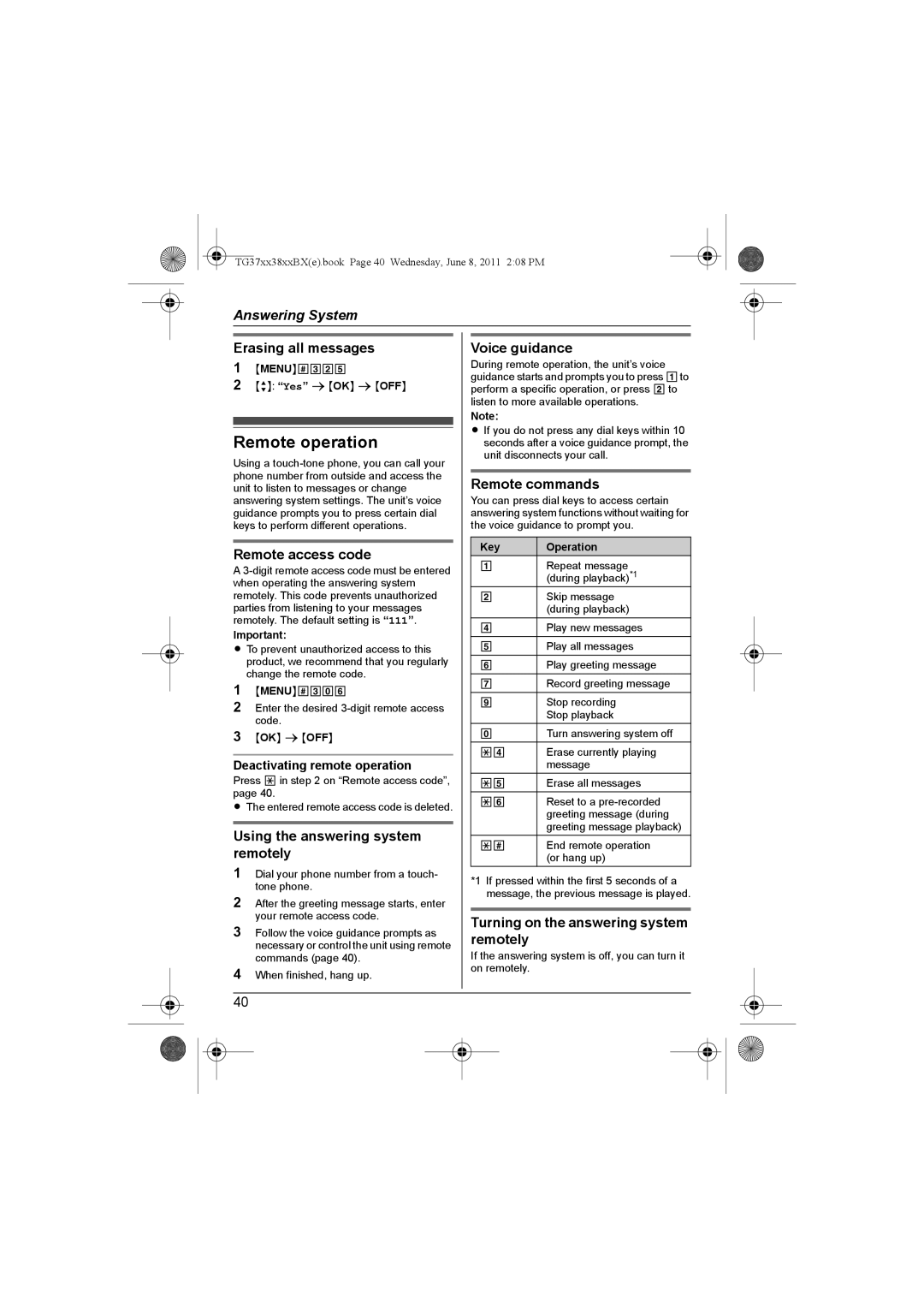 Panasonic KX-TG3711SX, KX-TG3712BX, KX-TG3811BX, KX-TG3811SX, KX-TG3712SX, KX-TG3719BX, KX-TG3811JX Remote operation 