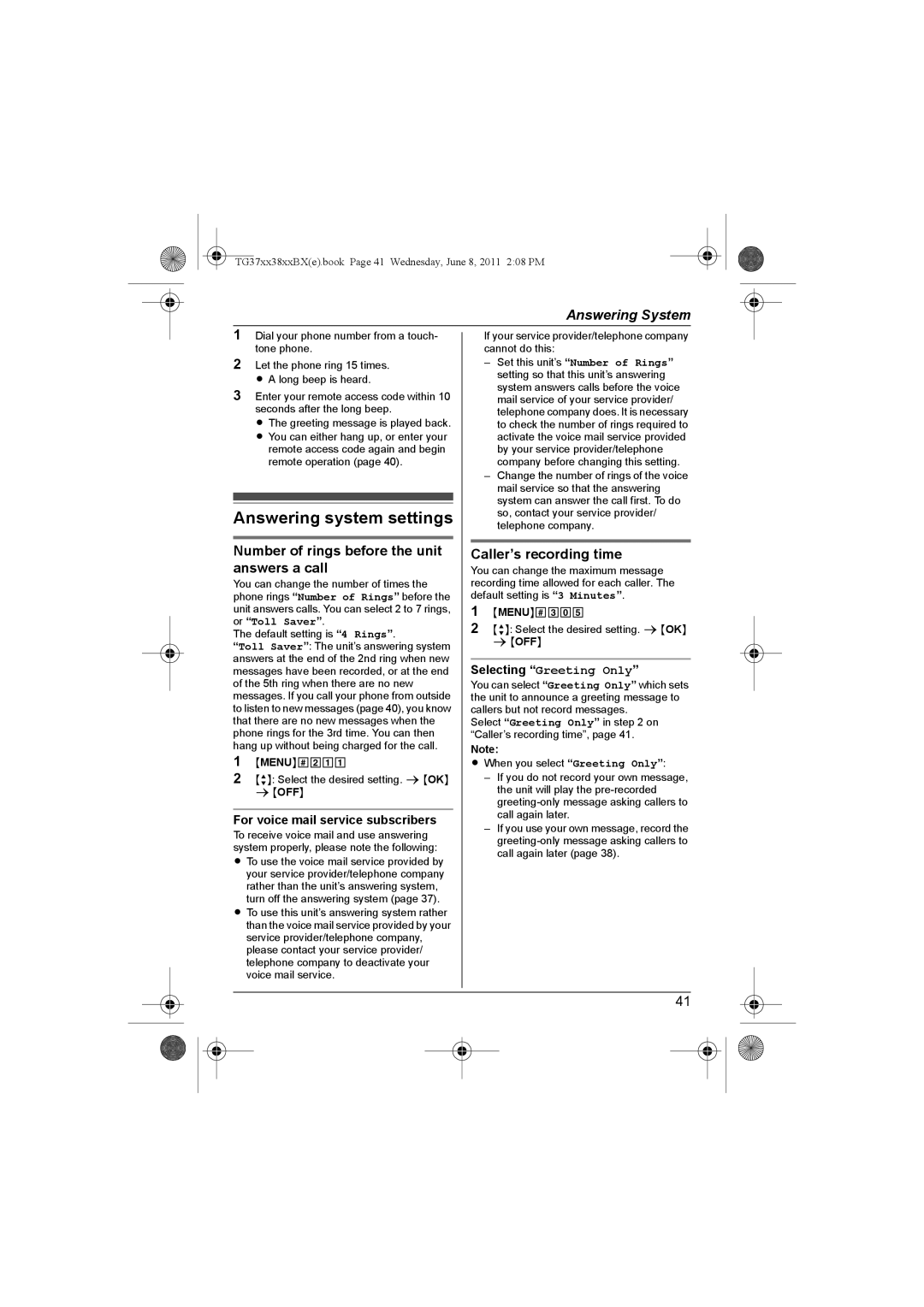 Panasonic KX-TG3712BX Answering system settings, Number of rings before the unit answers a call, Caller’s recording time 