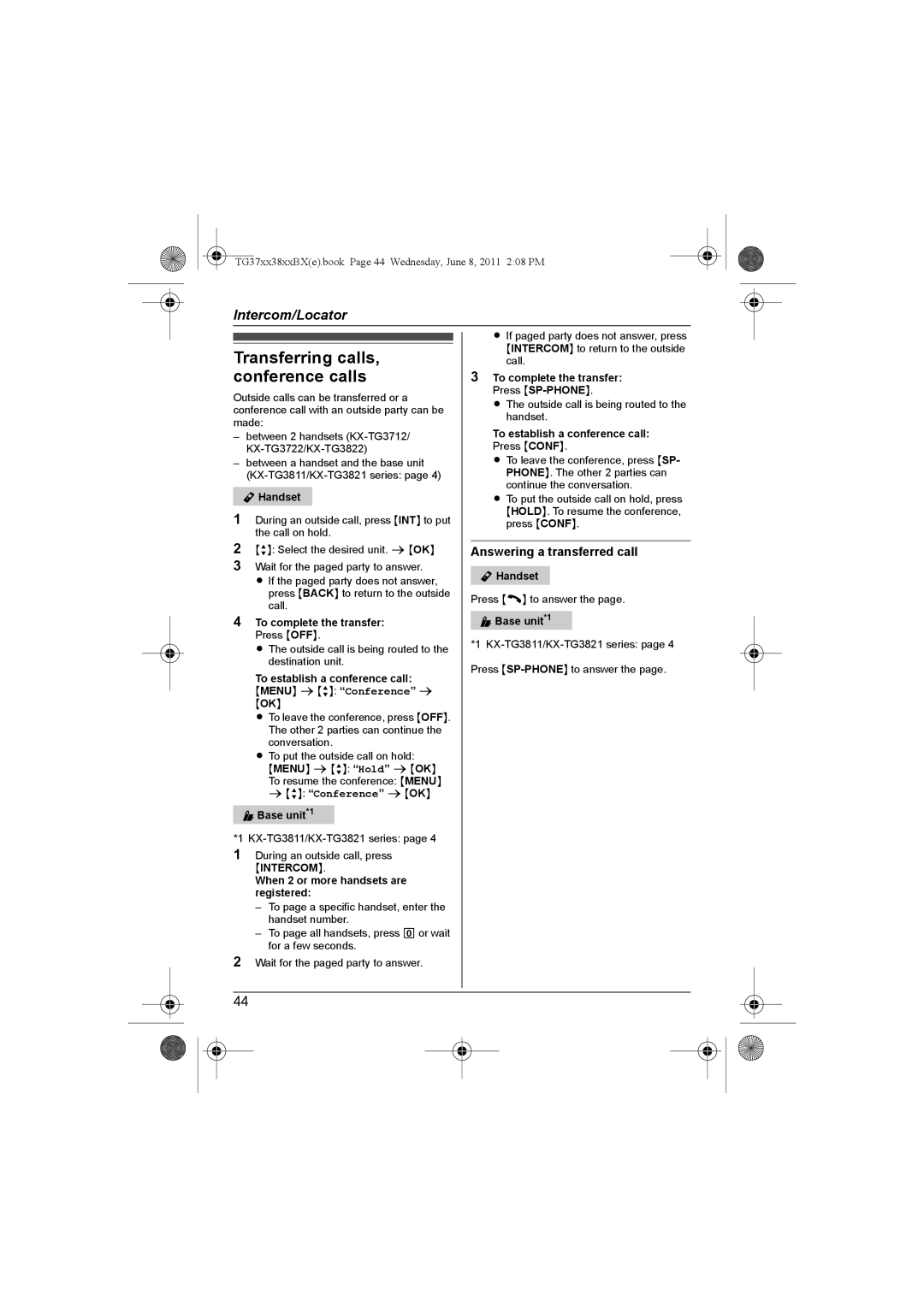 Panasonic KX-TG3712SX Transferring calls, conference calls, Answering a transferred call, Menu sr Conference s 