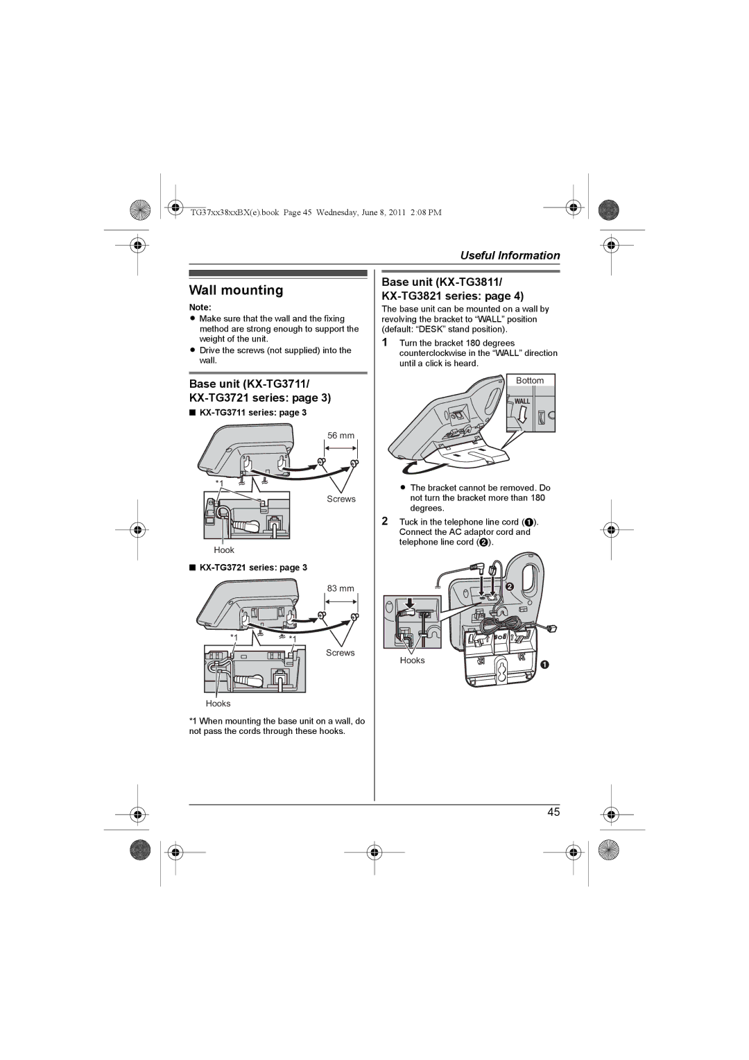 Panasonic KX-TG3719BX Wall mounting, Base unit KX-TG3711/ KX-TG3721 series, Base unit KX-TG3811/ KX-TG3821 series 