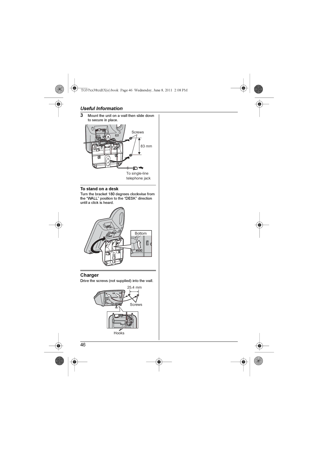 Panasonic KX-TG3811JX, KX-TG3711SX, KX-TG3712BX, KX-TG3811BX, KX-TG3811SX, KX-TG3712SX, KX-TG3719BX Charger, To stand on a desk 