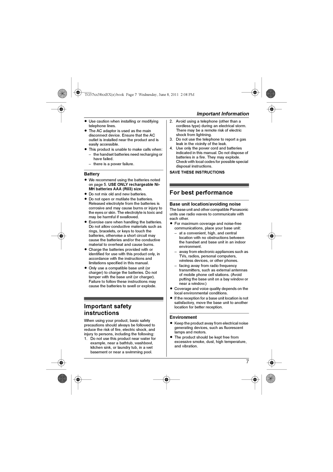 Panasonic KX-TG3711BX Important safety instructions, For best performance, Battery, Base unit location/avoiding noise 