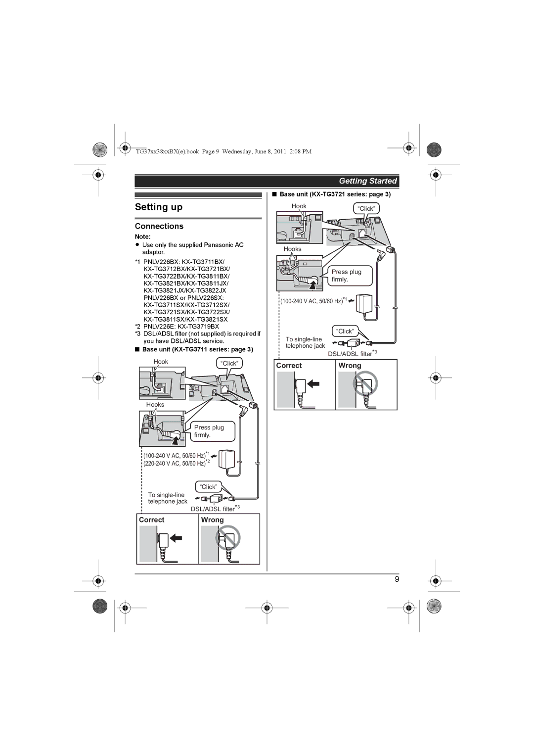 Panasonic KX-TG3712BX, KX-TG3711SX, KX-TG3811BX, KX-TG3811SX, KX-TG3712SX, KX-TG3719BX Setting up, Connections, Correct Wrong 