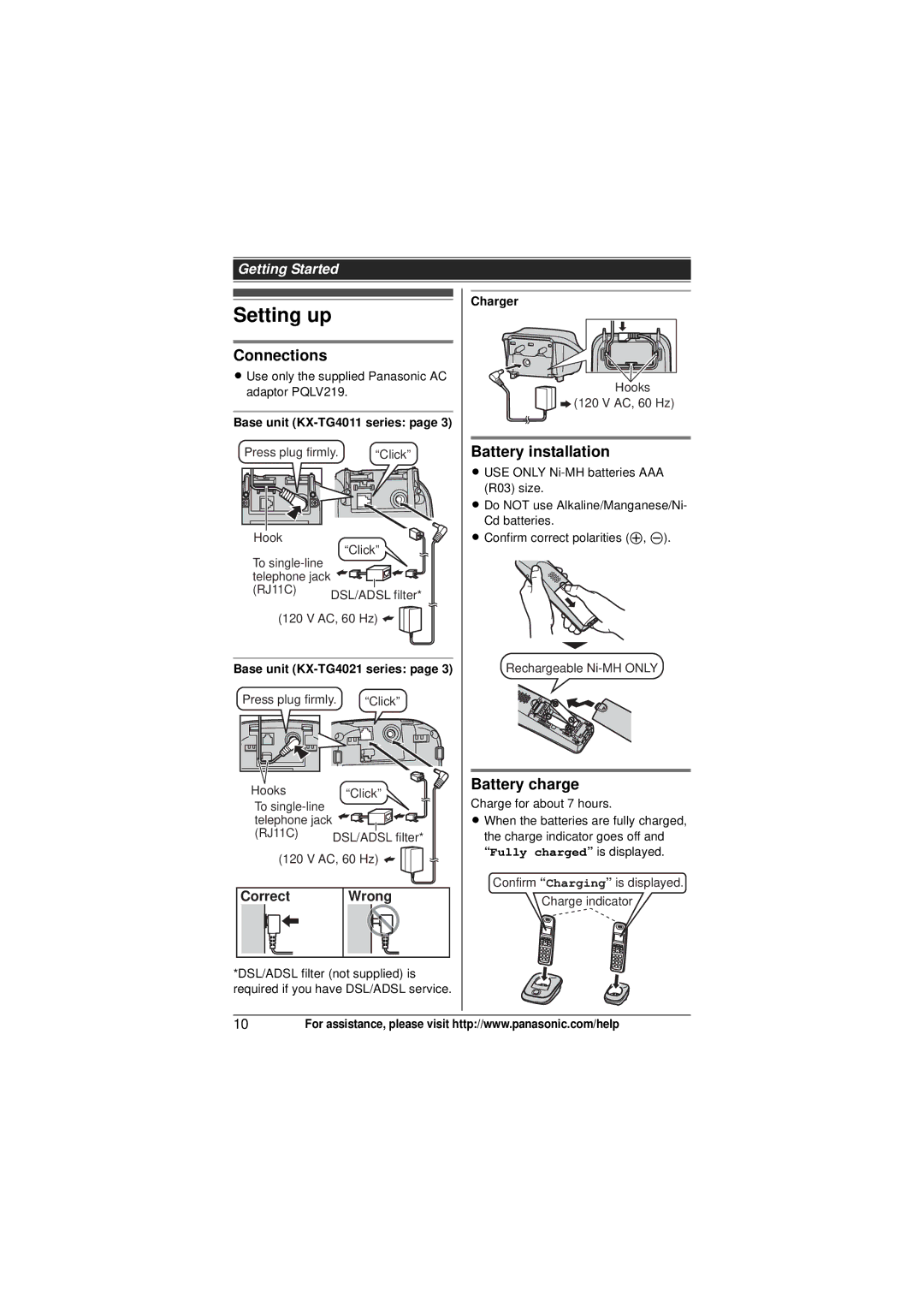 Panasonic KXTG4023N, KX-TG4021, KX-TG4023, KX-TG4011, KX-TG4022 Setting up, Connections, Battery installation, Battery charge 