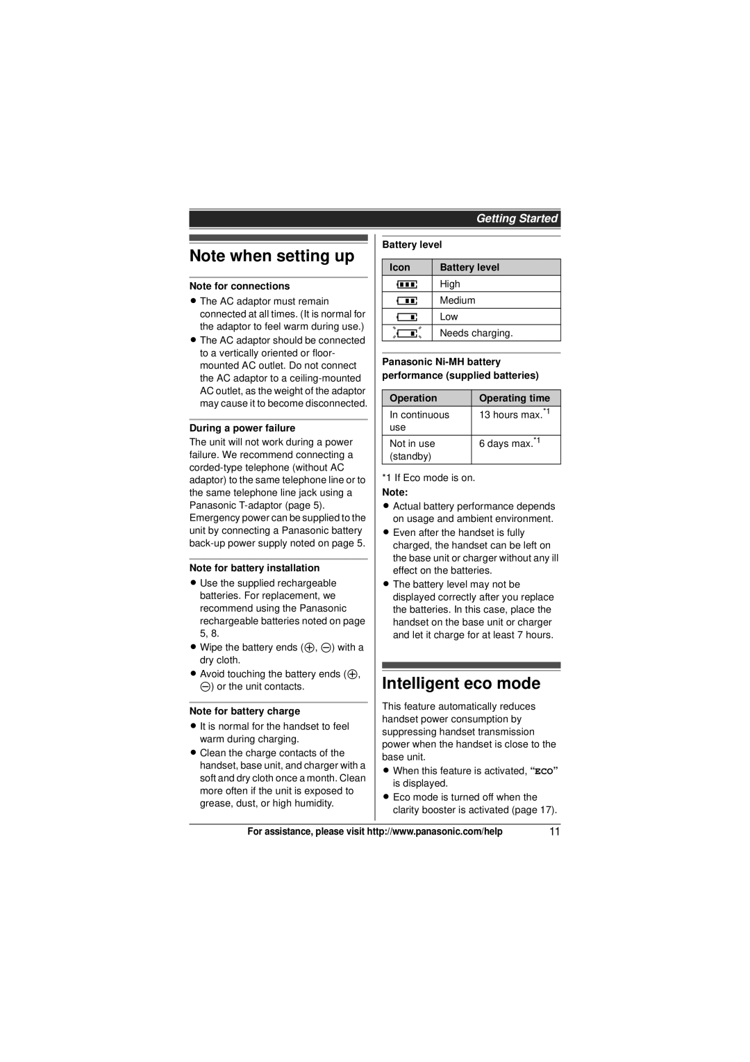 Panasonic KXTG4012N, KX-TG4021 Intelligent eco mode, During a power failure, Battery level Icon, Operation Operating time 