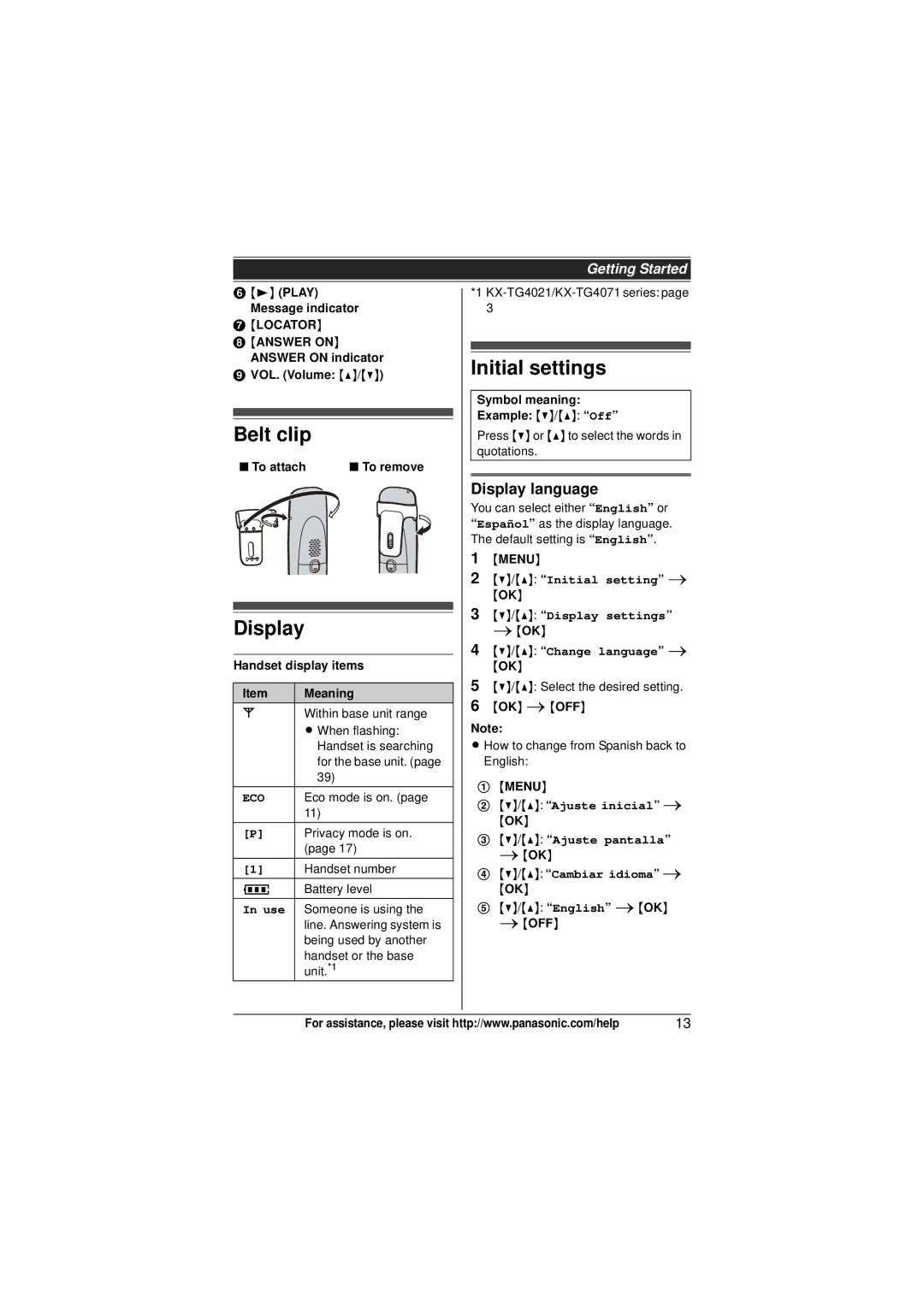 Panasonic KXTG4011N, KX-TG4021, KX-TG4011, KX-TG4013N, KX-TG4023N Belt clip, Initial settings, Display language 