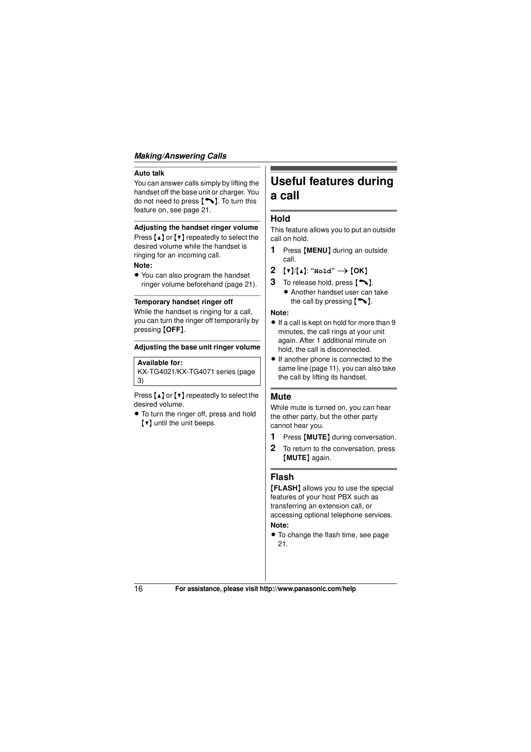 Panasonic KX-TG4073, KX-TG4021, KX-TG4011, KX-TG4013N, KX-TG4023N Useful features during a call, Hold, Mute, Flash 