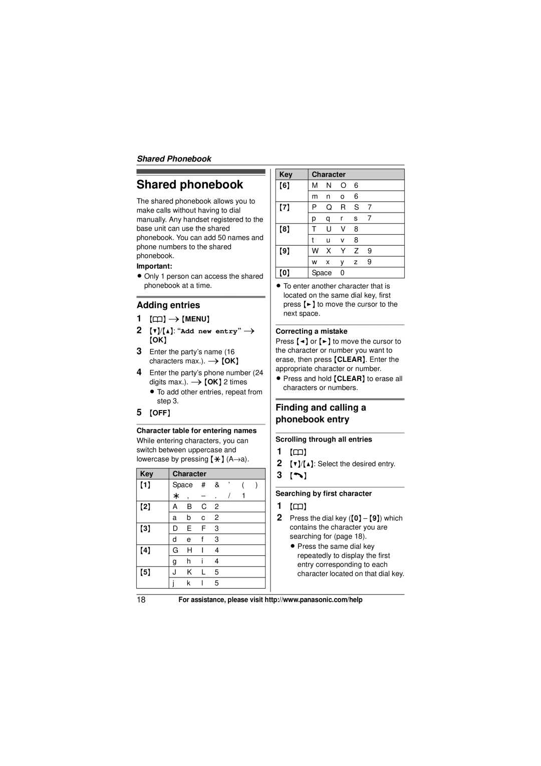 Panasonic KX-TG4023, KX-TG4021 Shared phonebook, Adding entries, Finding and calling a phonebook entry, Add new entry 