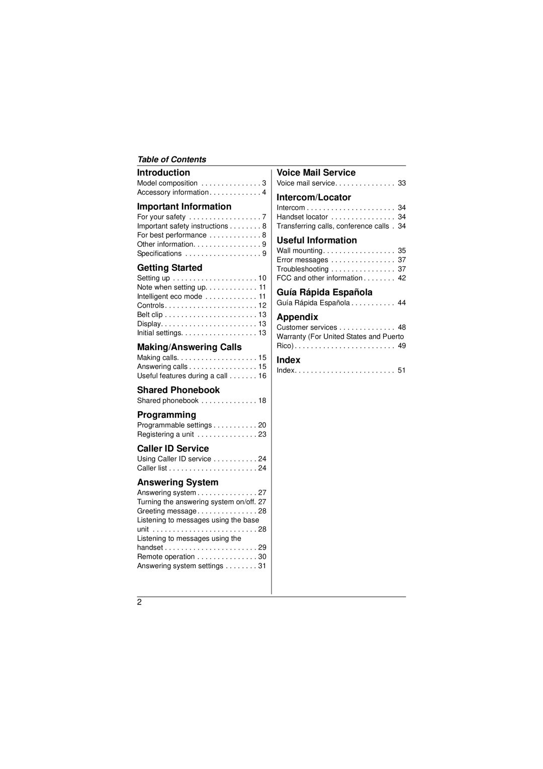 Panasonic KX-TG4011 Introduction, Important Information, Getting Started, Making/Answering Calls, Shared Phonebook, Index 