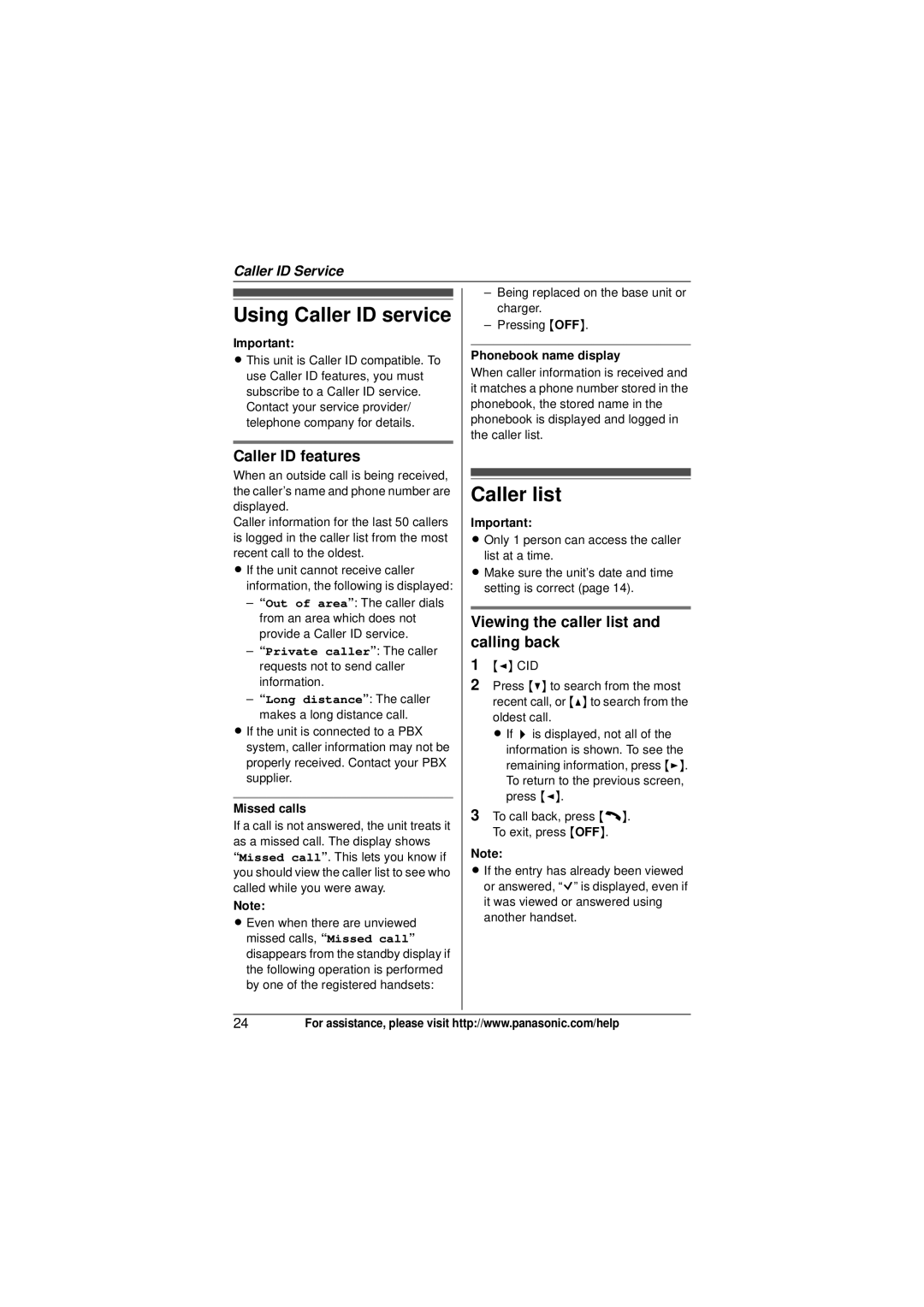 Panasonic KX-TG4022N Using Caller ID service, Caller list, Caller ID features, Viewing the caller list and calling back 