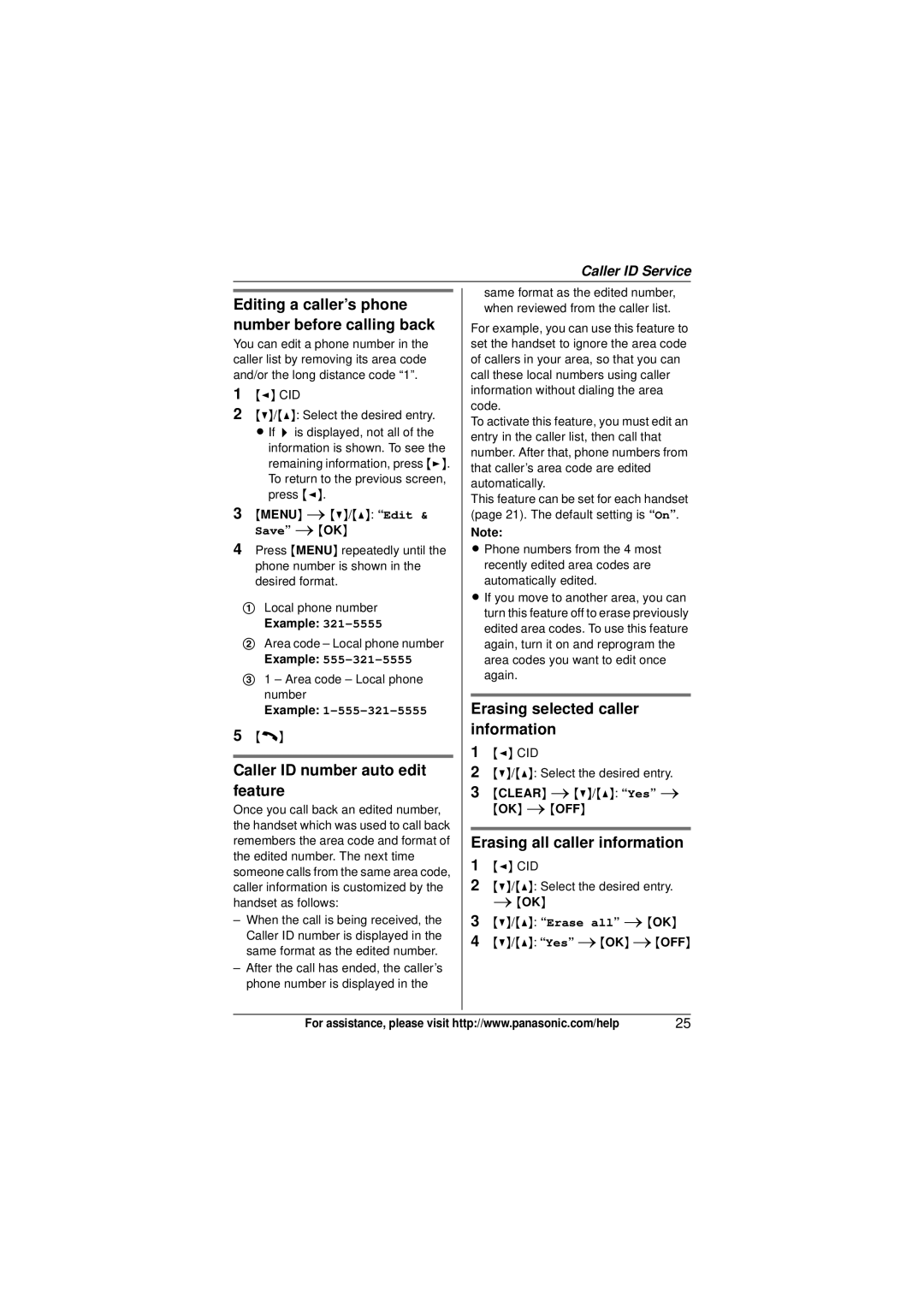 Panasonic KX-TG4012 Editing a caller’s phone number before calling back, Caller ID number auto edit feature, Example 