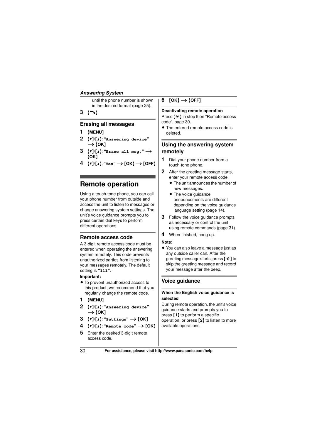 Panasonic KXTG4011N, KX-TG4021 Remote operation, Remote access code, Using the answering system remotely, Voice guidance 