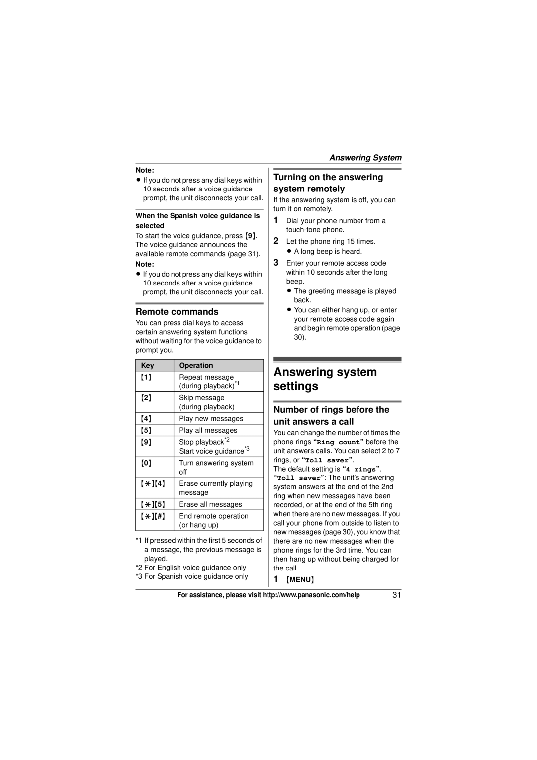 Panasonic KX-TG4024, KX-TG4021 Answering system settings, Remote commands, Turning on the answering system remotely 