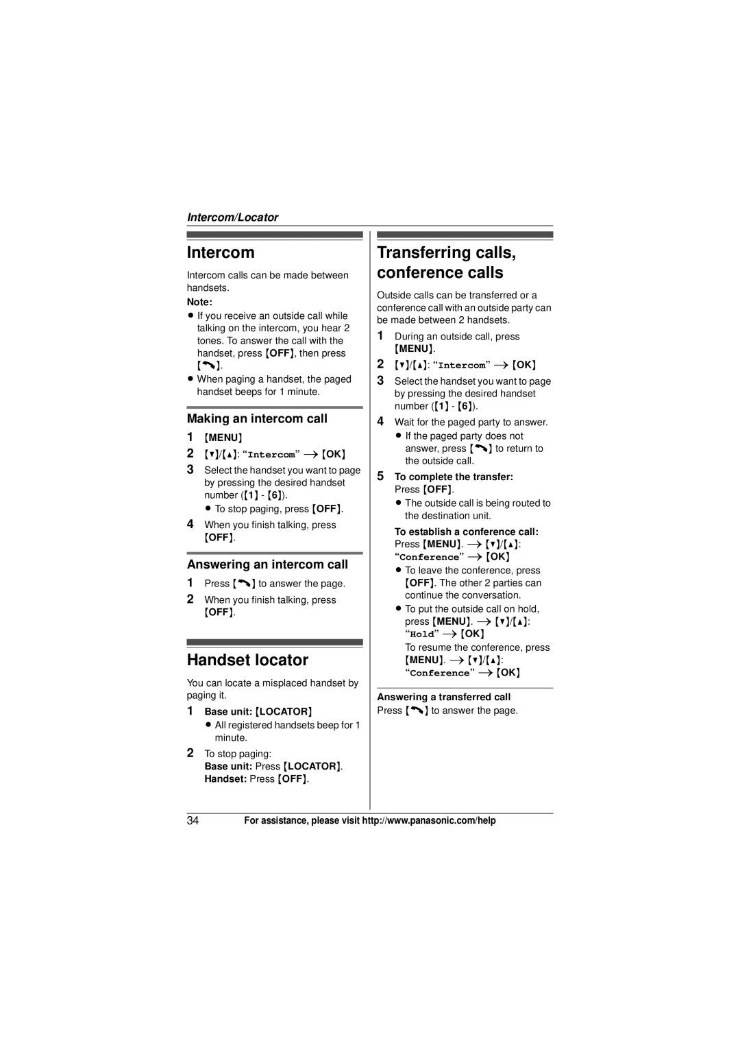 Panasonic KX-TG4021, KX-TG4023 Intercom, Handset locator, Transferring calls, conference calls, Making an intercom call 