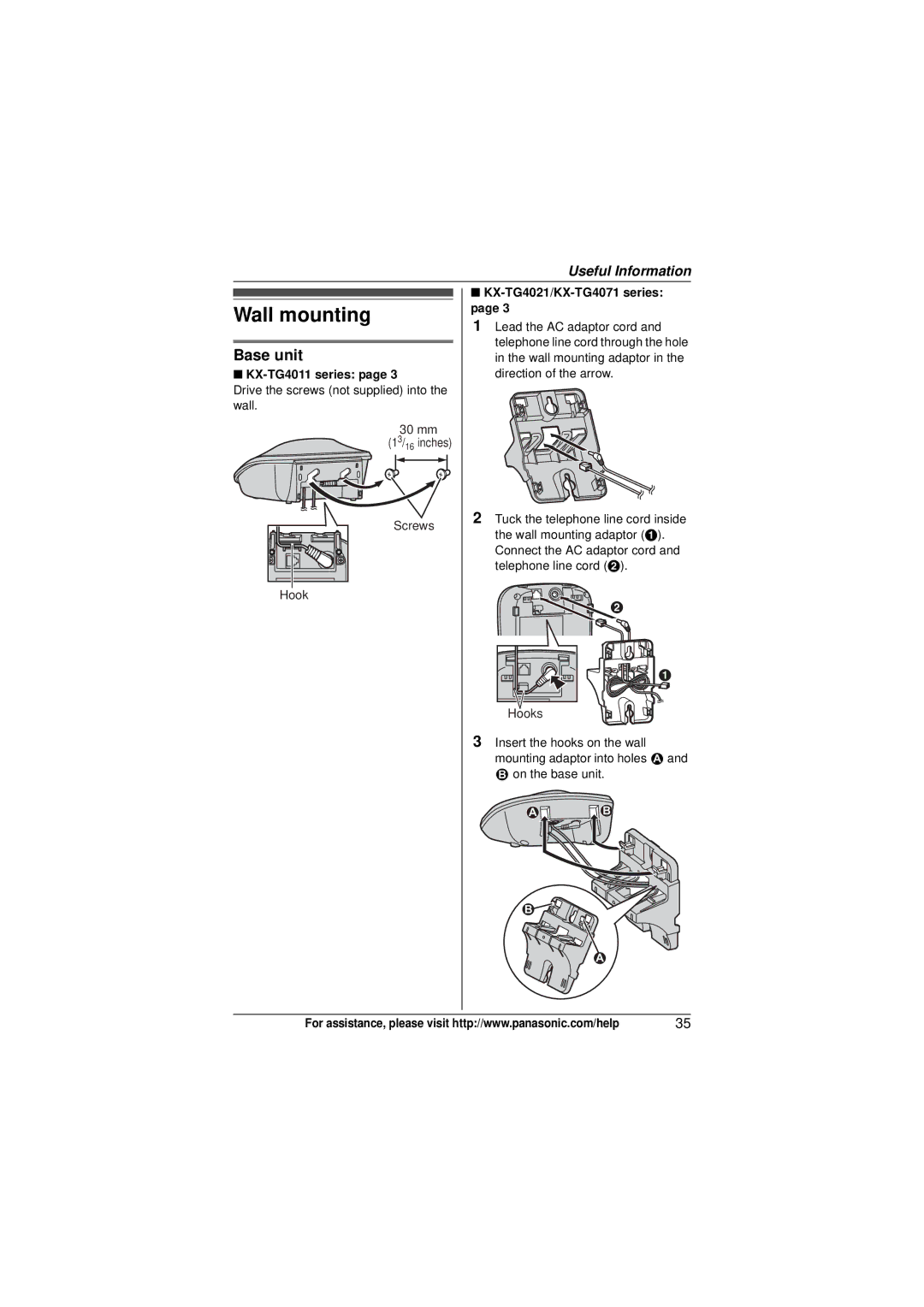 Panasonic KX-TG4021, KX-TG4011, KX-TG4013N, KX-TG4023N, KX-TG4022N, KX-TG4012, KXTG4021N Wall mounting, Base unit 