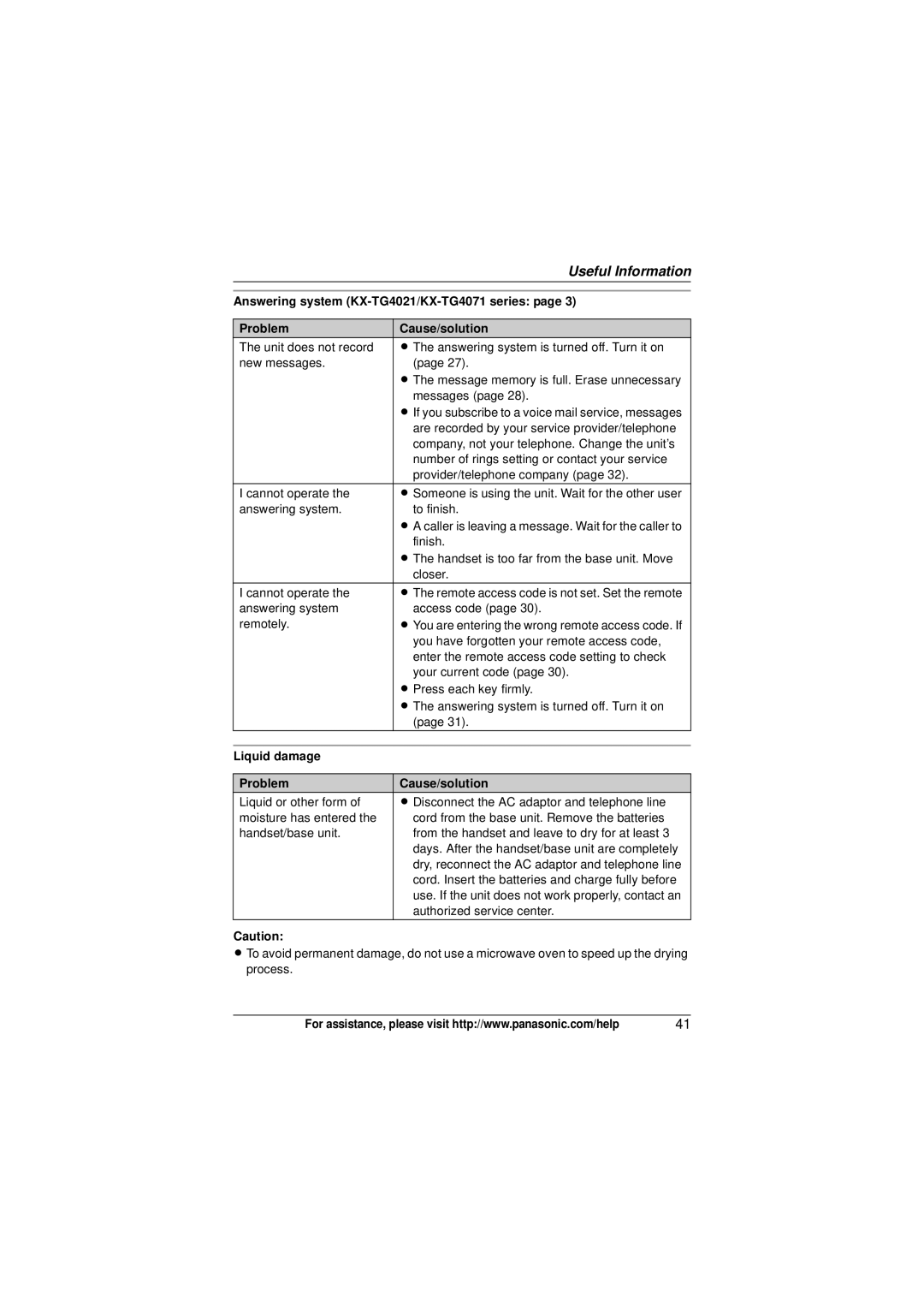 Panasonic KX-TG4022N, KX-TG4023 Answering system KX-TG4021/KX-TG4071 series, Liquid damage Problem Cause/solution 