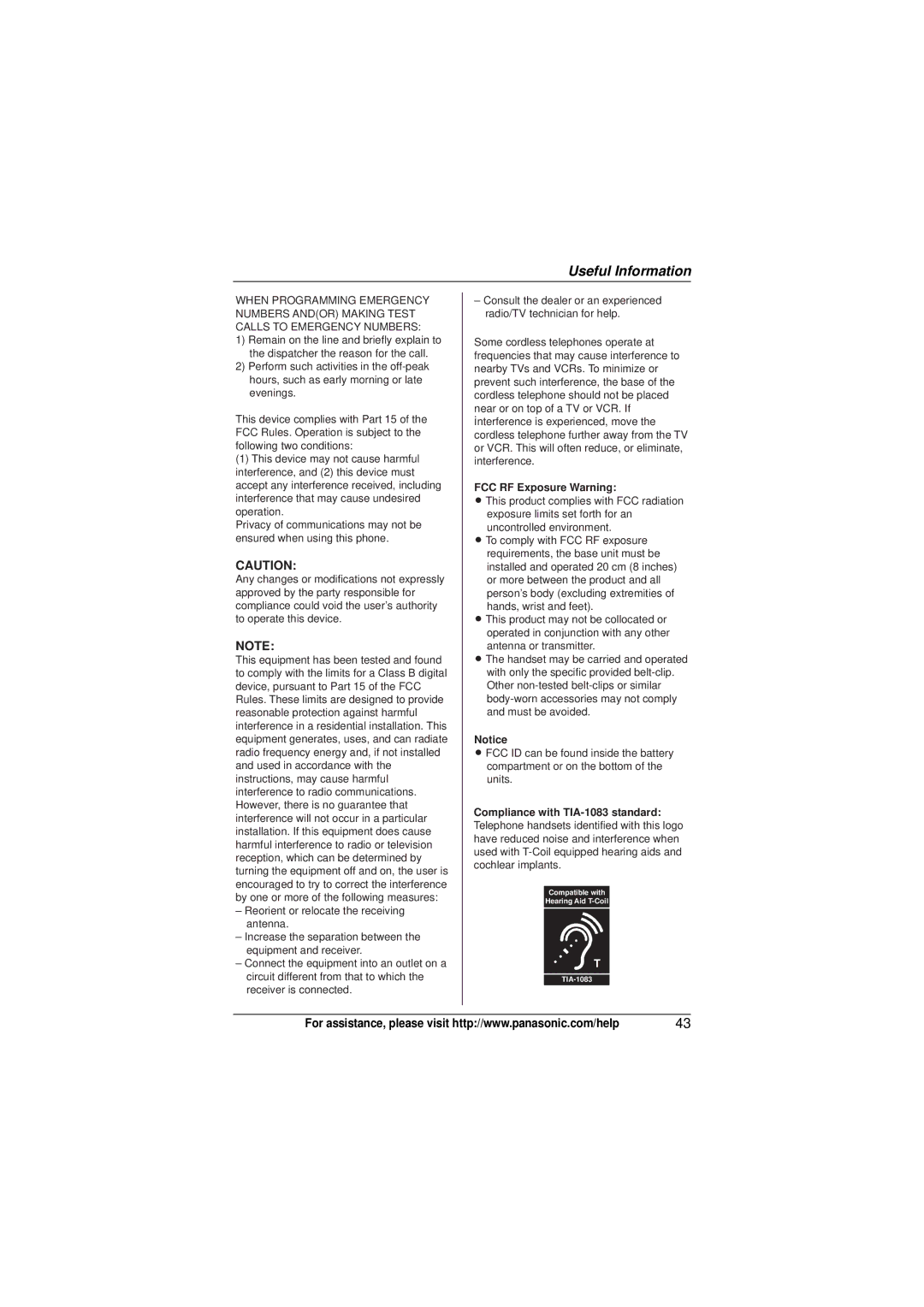 Panasonic KXTG4021N, KX-TG4021, KX-TG4011, KX-TG4013N, KX-TG4023N, KX-TG4022N, KX-TG4012 FCC RF Exposure Warning 