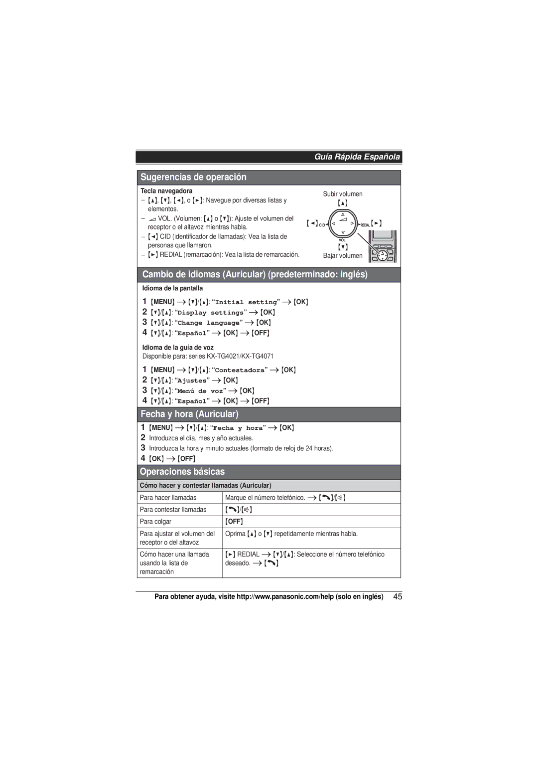 Panasonic KXTG4012N, KX-TG4021, KX-TG4011, KX-TG4013N, KX-TG4023N, KX-TG4022N, KX-TG4012 Sugerencias de operación 