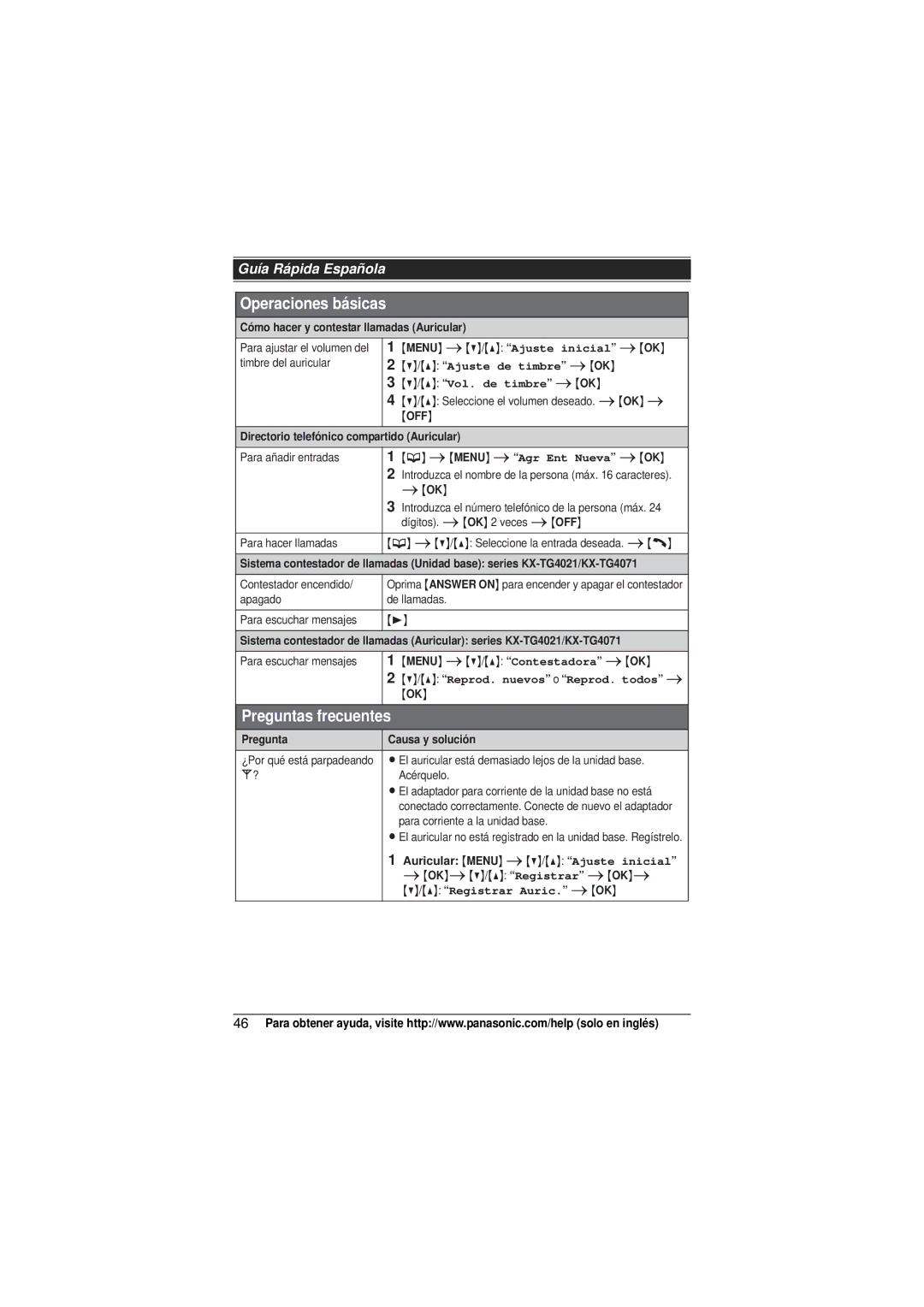 Panasonic KXTG4024N, KX-TG4021, KX-TG4011, KX-TG4013N, KX-TG4023N, KX-TG4022N, KX-TG4012, KXTG4021N Preguntas frecuentes 