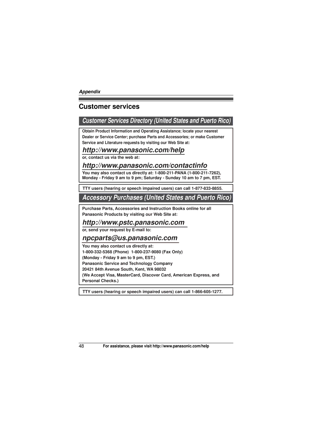 Panasonic KX-TG4024 Customer services, Or, contact us via the web at, TTY users hearing or speech impaired users can call 
