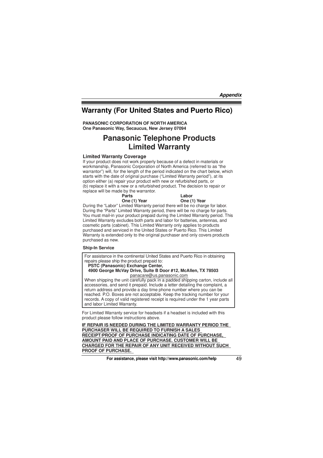 Panasonic KX-TG4074 Warranty For United States and Puerto Rico, One Panasonic Way, Secaucus, New Jersey, Ship-In Service 