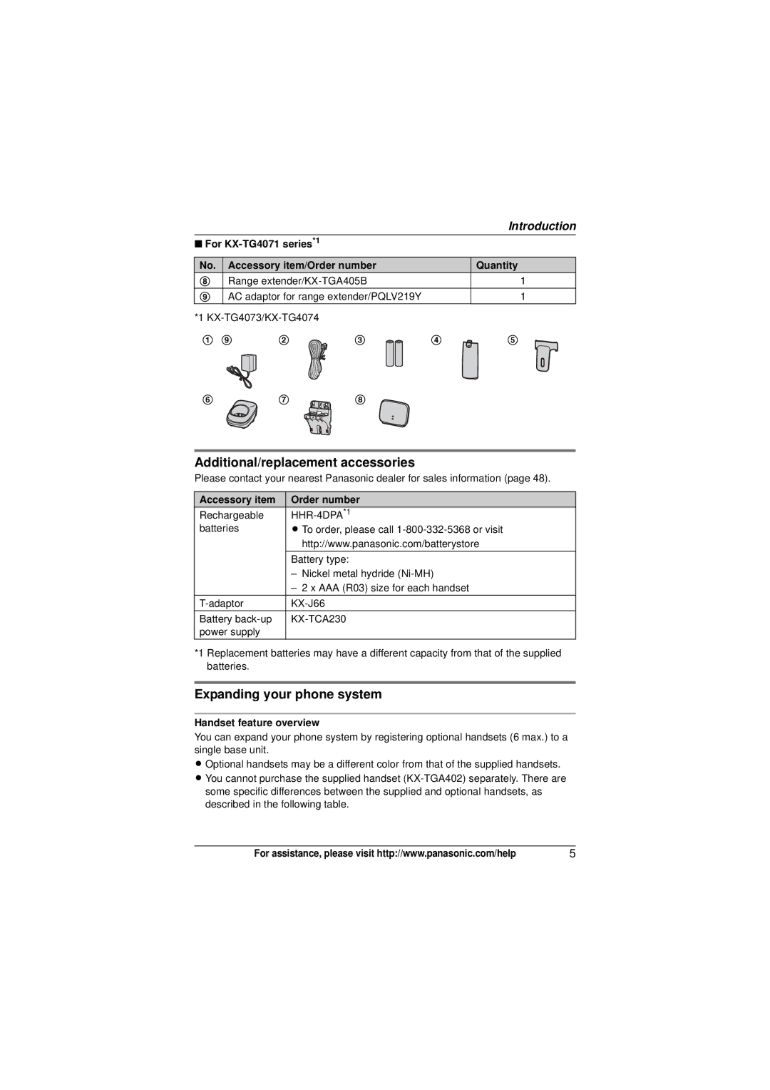 Panasonic KX-TG4022, KX-TG4021, KX-TG4023, KX-TG4011 Additional/replacement accessories, Expanding your phone system 