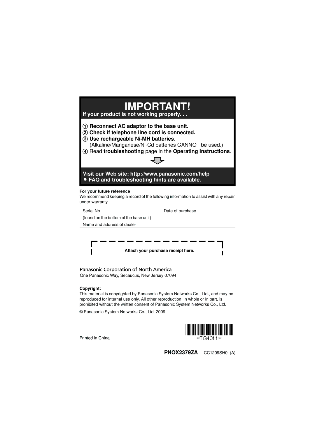 Panasonic KX-TG4023, KX-TG4021, KX-TG4011, KX-TG4022 For your future reference, Attach your purchase receipt here, Copyright 