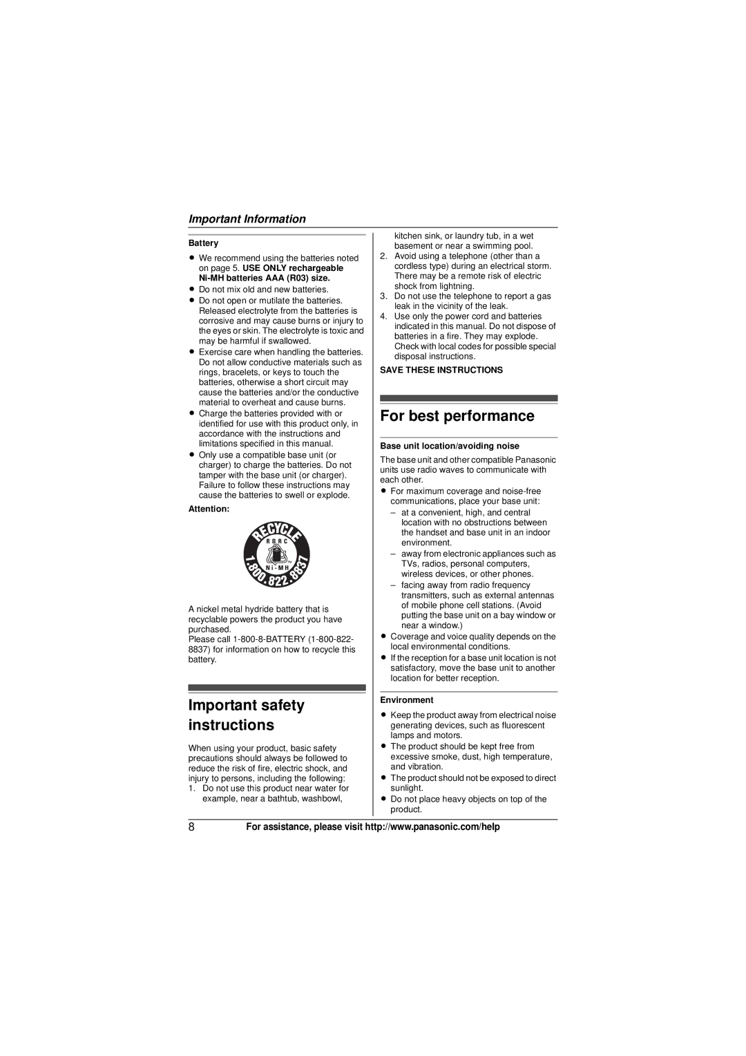 Panasonic KX-TG4012, KX-TG4021, KX-TG4011, KX-TG4013N, KX-TG4023N, KX-TG4022N, KXTG4021N Important safety instructions 