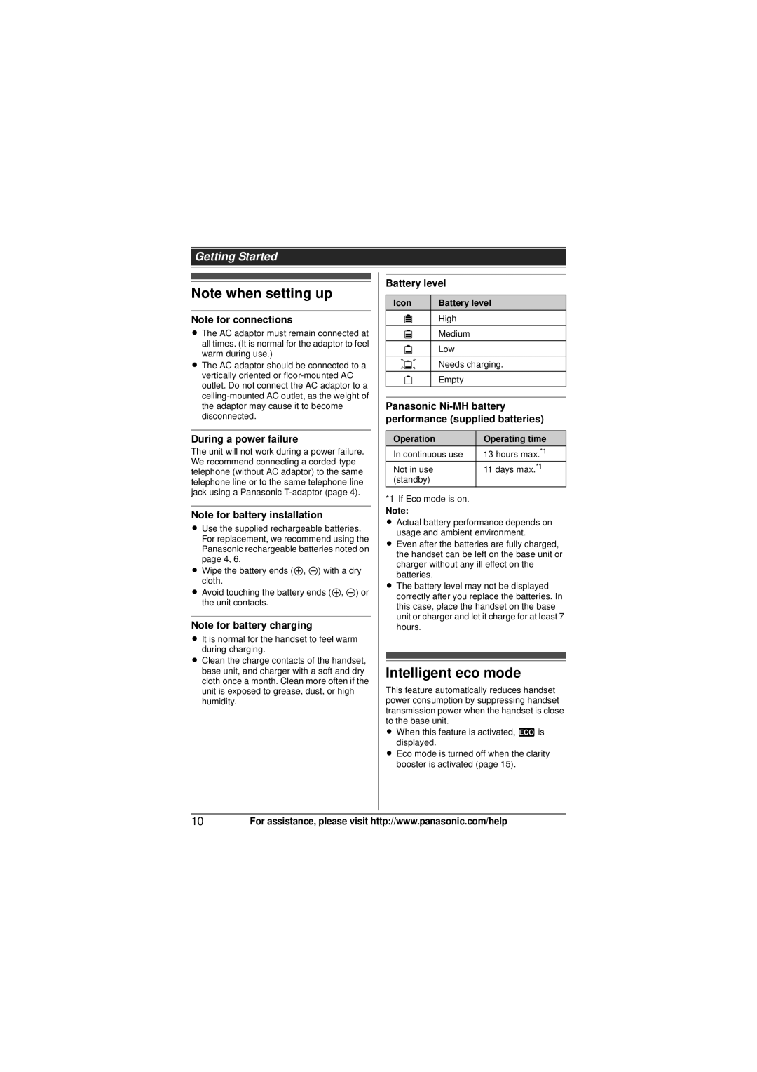 Panasonic KX-TG4134 Intelligent eco mode, During a power failure, Icon Battery level, Operation Operating time 