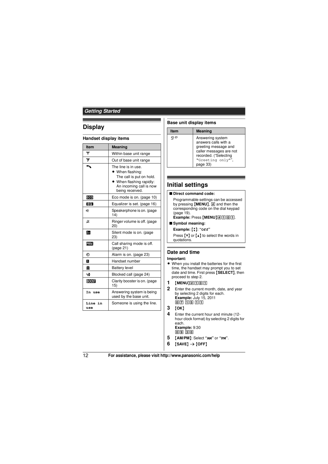 Panasonic KX-TG4133M, KX-TG4132N, KX-TG4134 Display, Initial settings, Handset display items, Base unit display items 