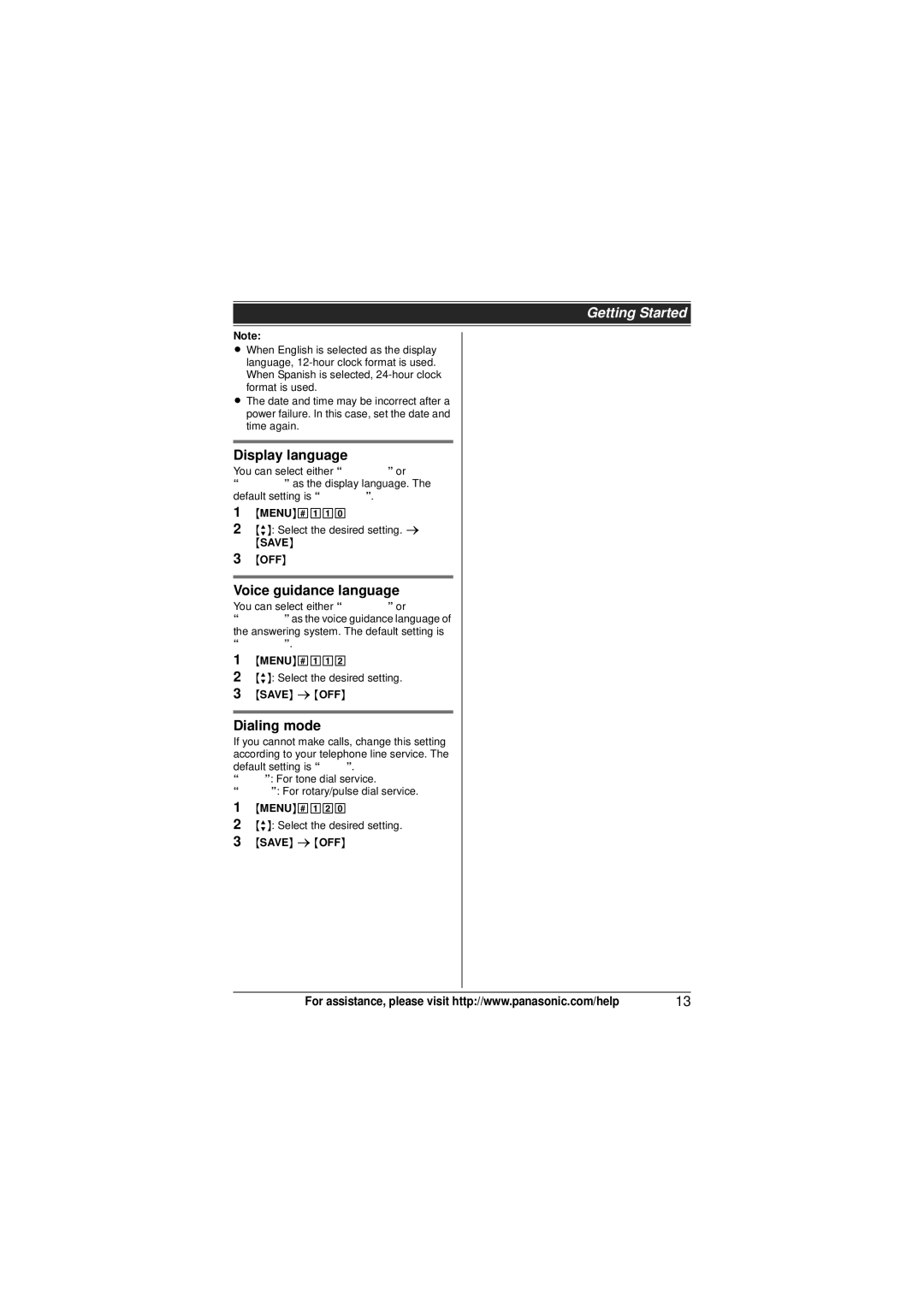 Panasonic KX-TG4132N, KX-TG4133M, KX-TG4134M Display language, Voice guidance language, Dialing mode 