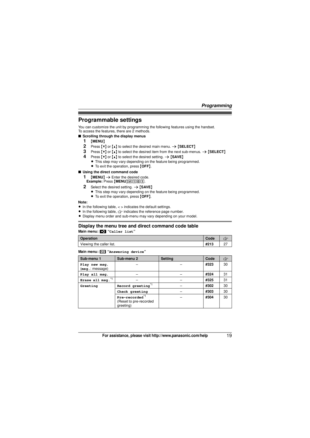 Panasonic KX-TG4132N, KX-TG4133M, KX-TG4134 Programmable settings, Display the menu tree and direct command code table 