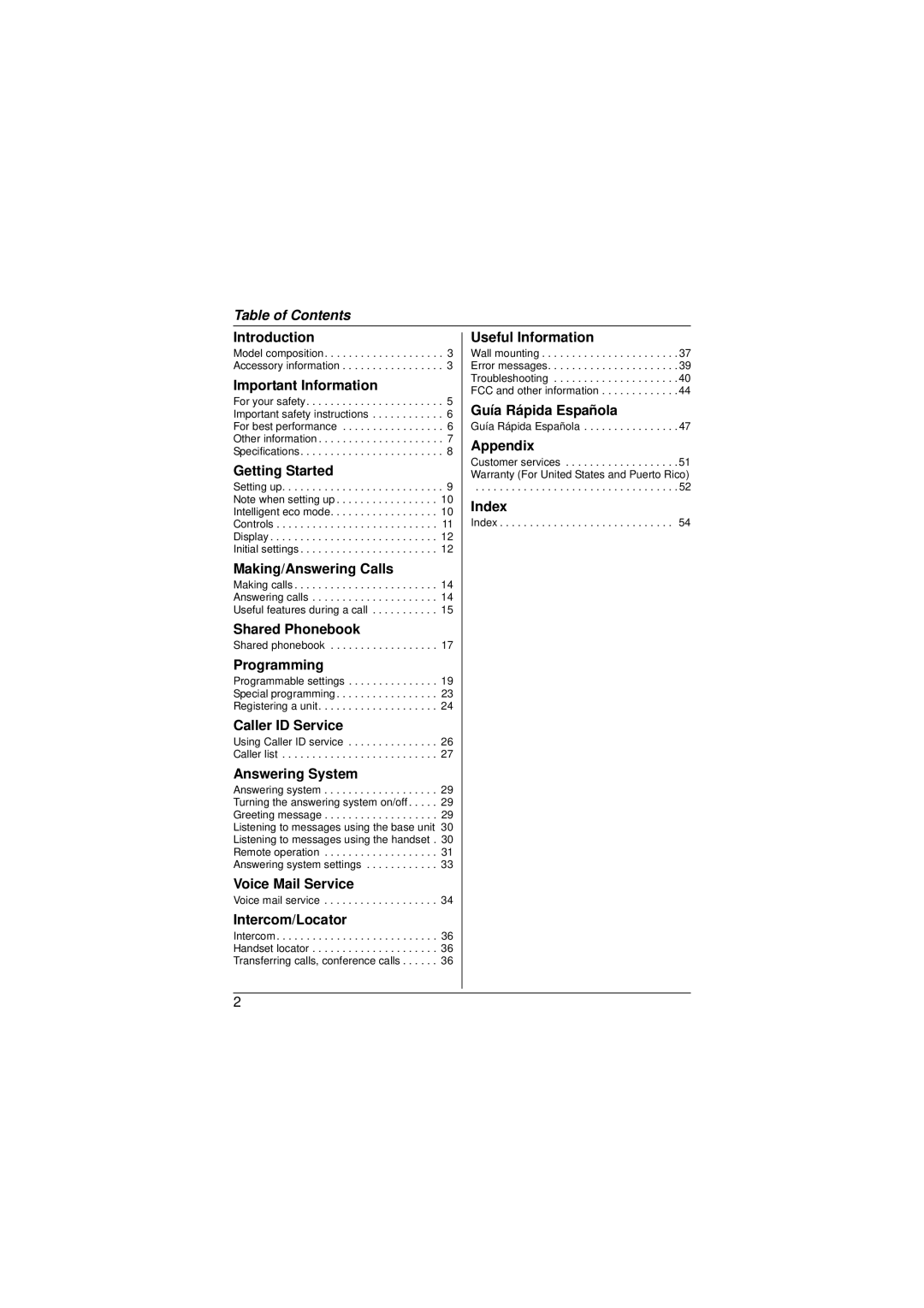 Panasonic KX-TG4133M, KX-TG4132N, KX-TG4134M operating instructions Table of Contents 