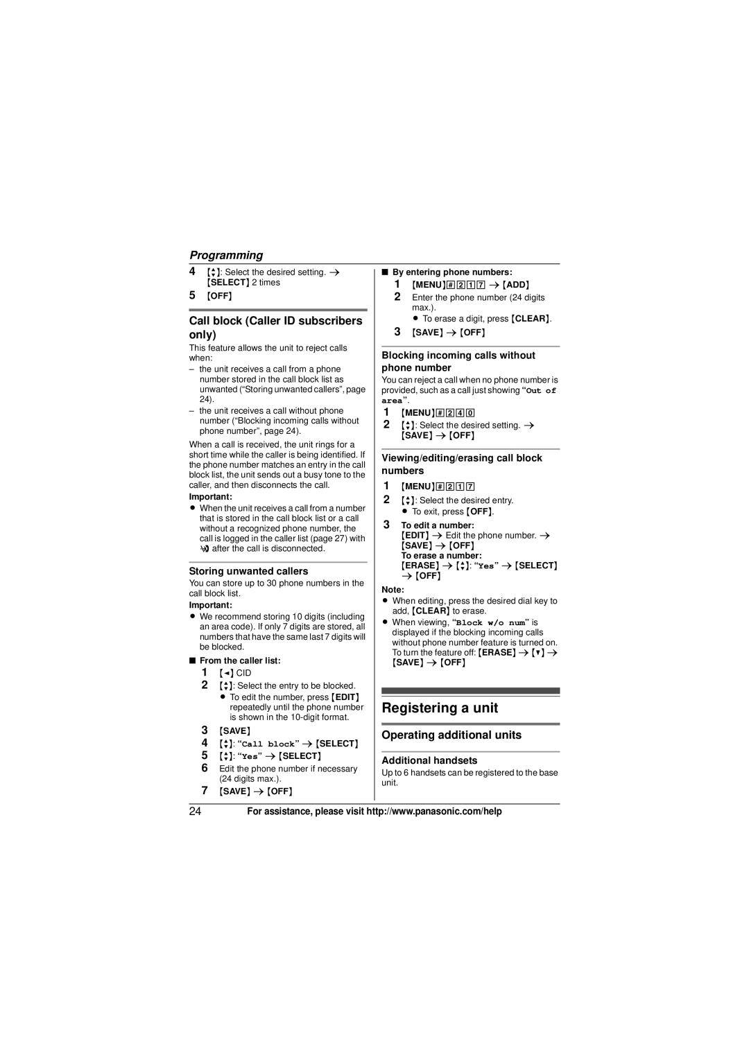 Panasonic KX-TG4133M, KX-TG4132N Registering a unit, Call block Caller ID subscribers only, Operating additional units 
