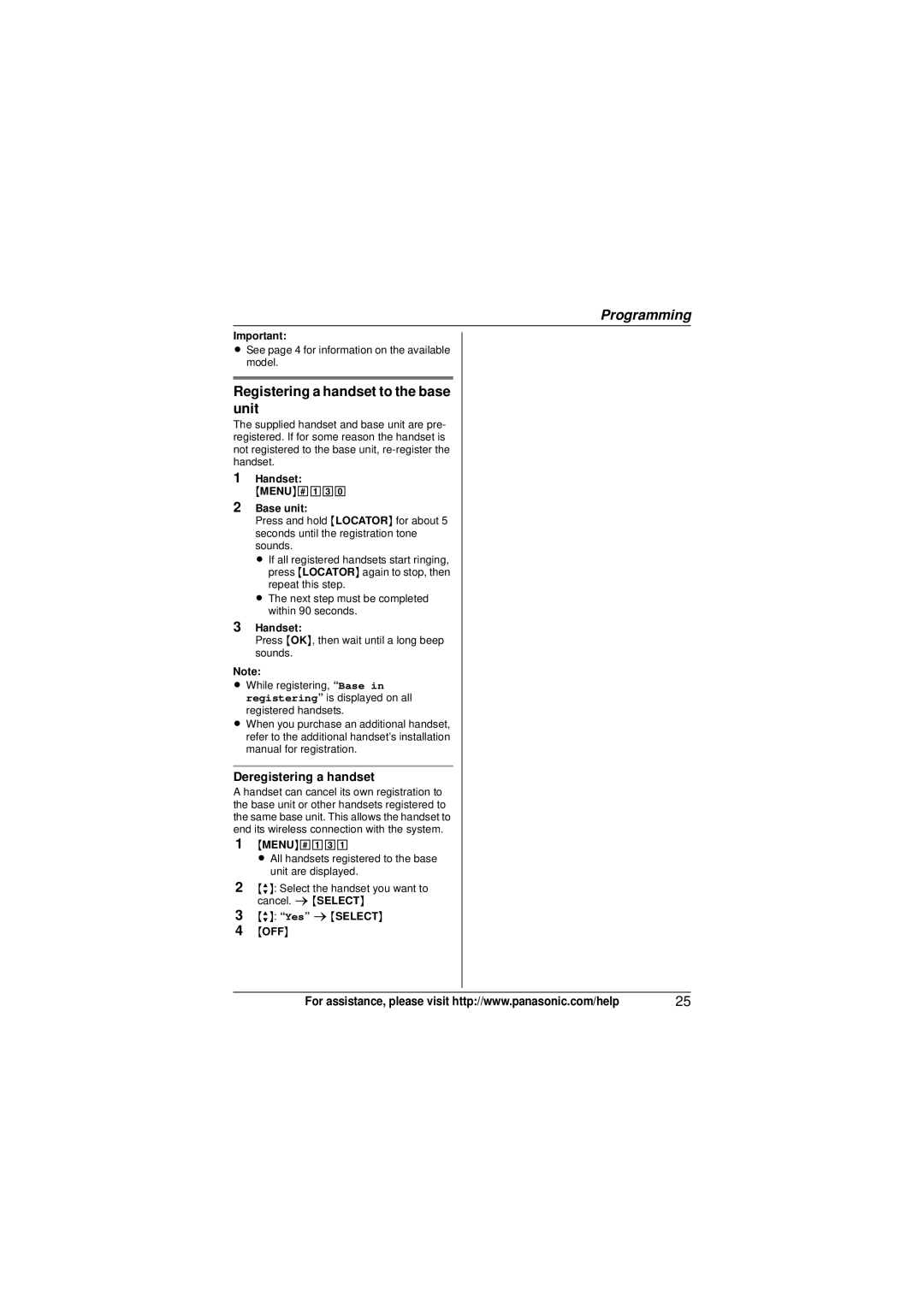 Panasonic KX-TG4132N Registering a handset to the base unit, Deregistering a handset, Handset MENU13 Base unit, MENU131 